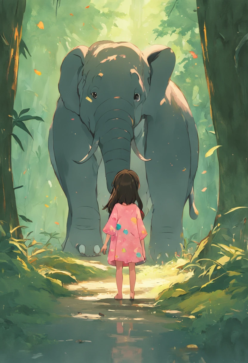 menina de 5 anos, cabelo longo, liso e preto, olhos brilhantes, utilizandoroupas camponesa, encontra elefante na floresta, poses and facil axpressions, Squeeze of surprise, Pintura SNES