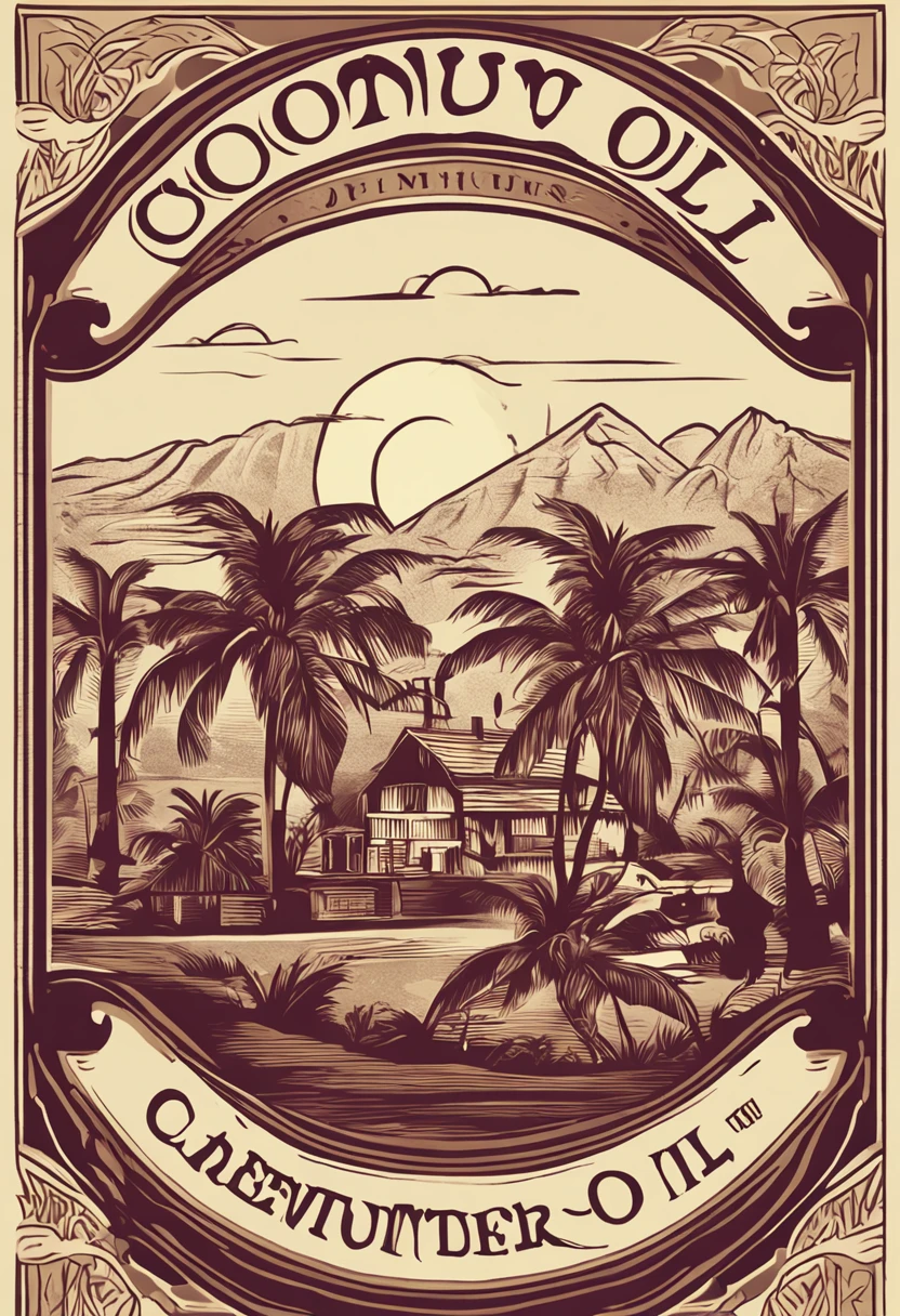 Coconut oil label in the style of French wine labels, so that the image shows a building that looks like an old factory;, Coconut farm with palm trees, Coconuts, To make the story feel, Traditions.
