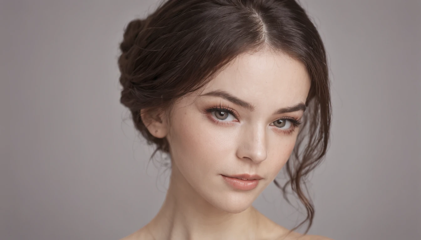 light-skinned woman, brown hair and eyes, all positioned forward, straight