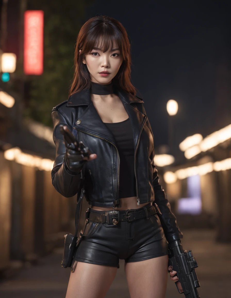 Kang seulgi as spy, very straight hair with bangs, intimidating look, full body in the scene, wielding two pistols in hands, tight leather clothes with short jacket, Violett style, digital art, semi-organic brush strokes, in the style of artist Paulo Tomson, realistic lighting, best quality, in the background city lit at night, dark night scenery, 8K image.
