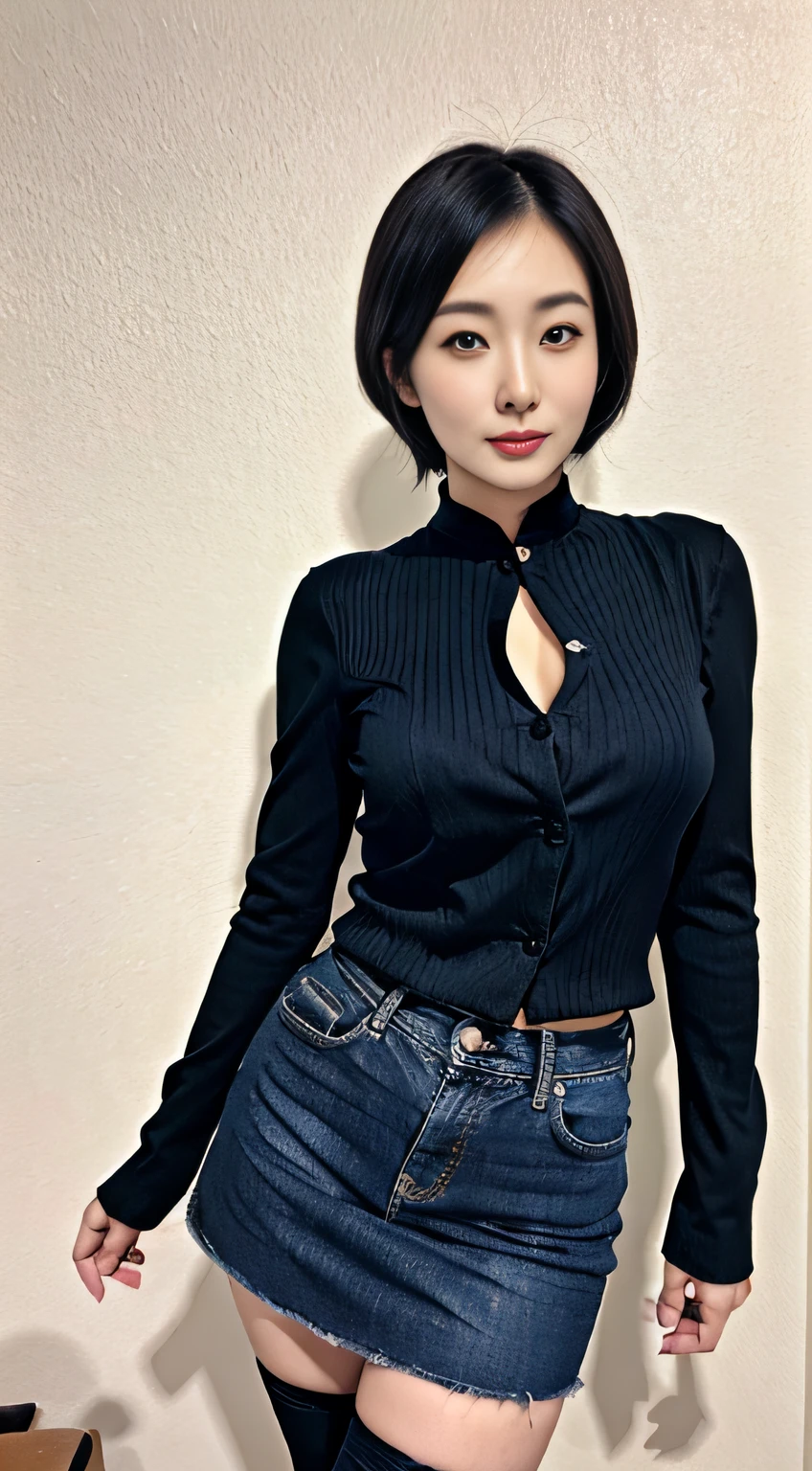 Asian woman，long  skirt，Korean girl, Gorgeous young Korean woman, beautiful Korean women, Beautiful Asian girl, with short hair, Beautiful young Korean woman, Korean woman, Asian girl, girl cute-fine face, gorgeous chinese models, young cute wan asian face, Good young girl, young and cute girl, An Asian woman，black lence stockings，Black heels，short denim skirt，huge tit，fat hips