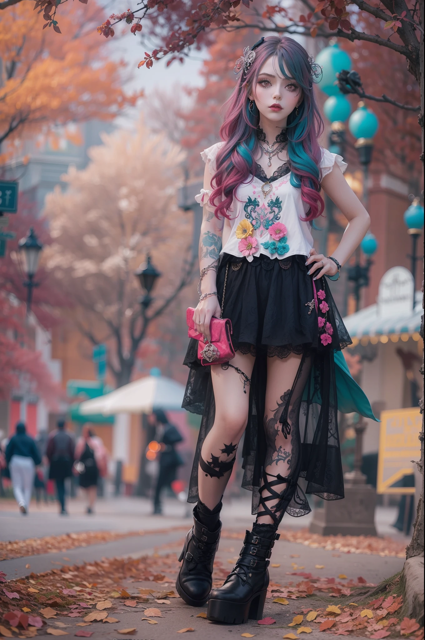 En un hermoso parque una mujer de aspecto moderno. It has a very colorful and striking kawaii gothic style.., con un maquillaje elegante y una peluca colorida.