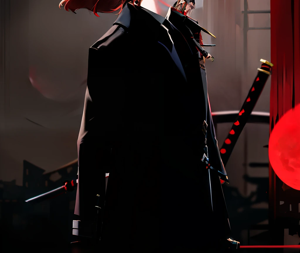 brunette color hair,Black trench coat,holding knives,katana swords,Red Moon,apathy,lighter,obi strip,