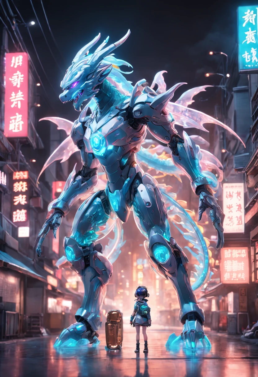 chinesedragon, (Blind box toy style:1.2), (Full body shot) , 1 Transparent girl,Behind him is a transparent Chinese dragon, Transparent mech, Exquisite helmet:1.2, Luminous goggles:1.2, Cyberpunk, dreamy glow, luminous neon lights, Clean, White background, ( Global illumination, Ray traching, hdr, unreal render,reasonable design, high detal, Masterpiece, Best quality, hyper HD, Cinematic lighting)