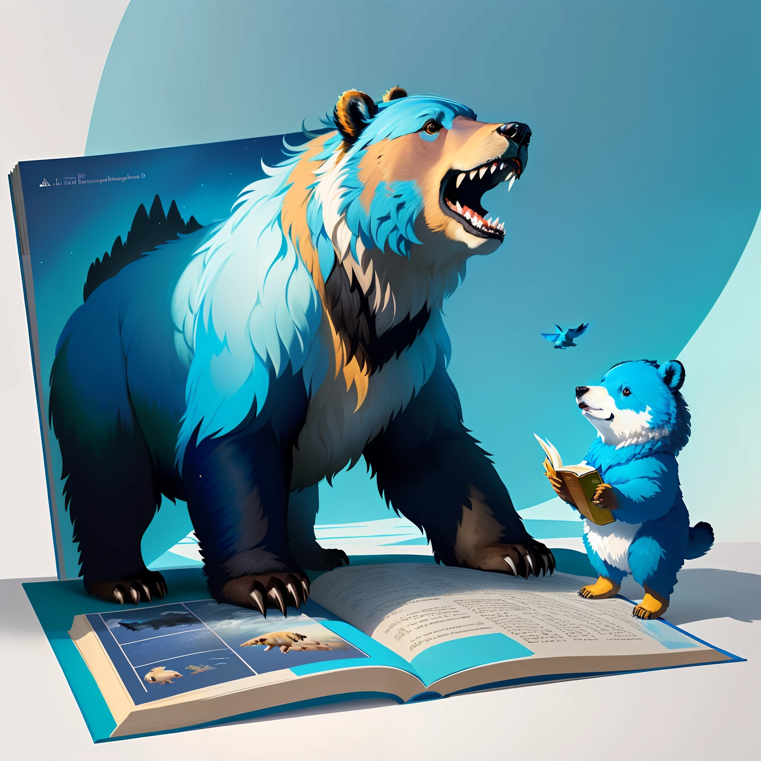 Https://website.arte marinha...ai/explorar/detalhe/cjb28k14msb8254bb44gPainting of a grizzly bear with a blue bird next to book illustration, storybook illustration, illustration for children's book, art illustration, Beeple e Jeremias Ketner, Feng Zhu