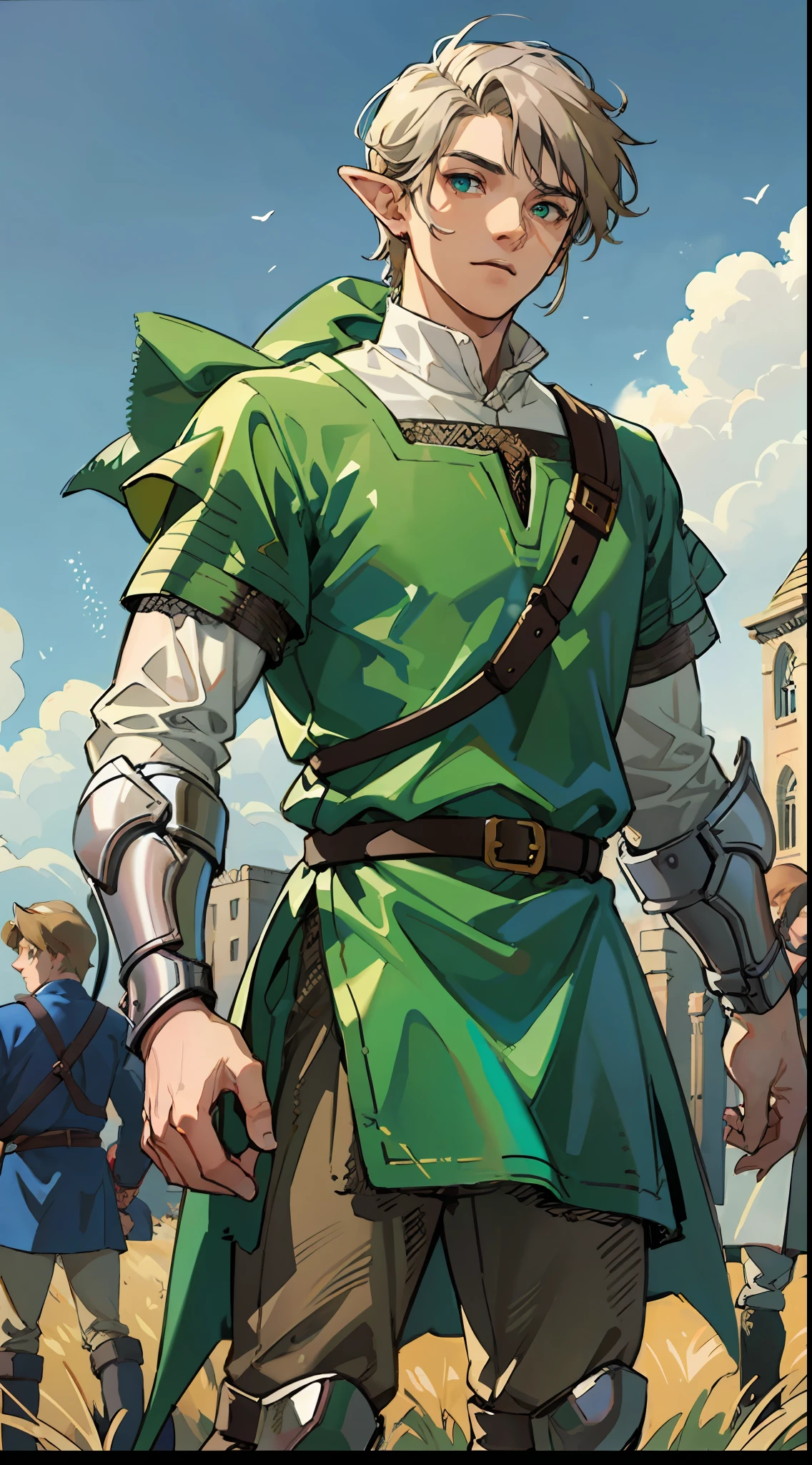 a 19-year-old boy, 1 boy, brown short hair, blonde short hair parted in the middle, man's short hair, without a beard, without a goatee, no facial hair, silver and green colored medieval knight armor, war, battlefield, link,(combat boots)