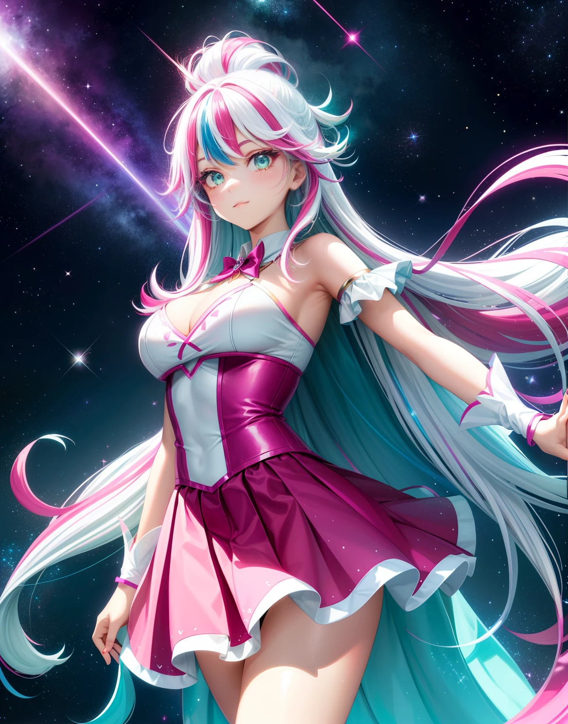 ((magic girl)) ((hair color fuchsia white streaks)) green eyes, sexy body, beautiful magic girl clothes, magic pleated skirt hair accessories assorted sizes bright red hearts around, cute heart, glitter powder, picture perfect, space background, ((##all extremely perfect body parts###)))