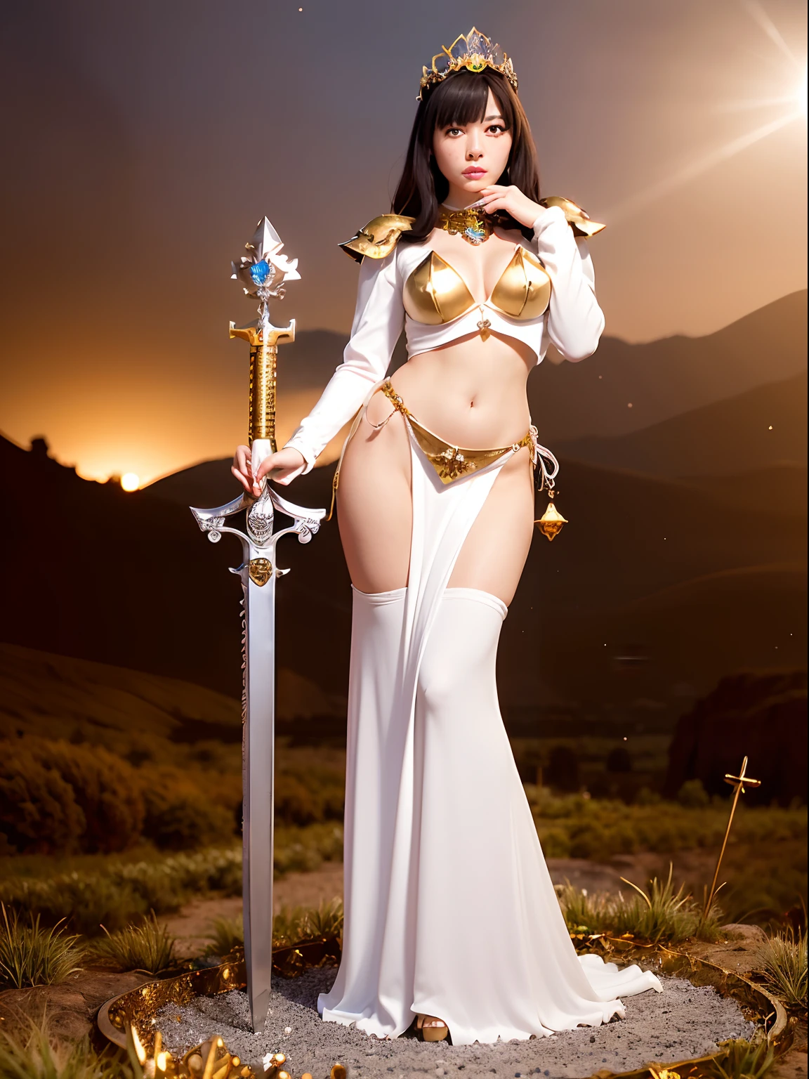 (masutepiece), Professional , ​masterpiece、top-quality、photos realistic , depth of fields （Gemstone Silver Metal Body:1.９),(Matte White、Particles of light、Jewel Gold Weapon、（Gorgeous castle background）、（White Micro Bikini）（Jewel Metal Body:1.４),Gorgeous Jewel Metal Weapons , Detailed Sword of the Brave ,（ Soldier background in metal armor）   ,warhammer 40k , adepta sororitas,Detail and ornate jewel crown、独奏、Black hair、（Gangle's forest background）、Beautiful Caucasian beauty、１a person、dynamic ungle,(((Diamond tiara with detail and luxury)))、a small face、A smile、Powerful poses、（Gorgeous castle background）、huge-breasted、20 year old beautiful woman、Stand in the center of the screen、Thin female fingers、Smaller head、Glamorous body、(full body Esbian:1.6)、