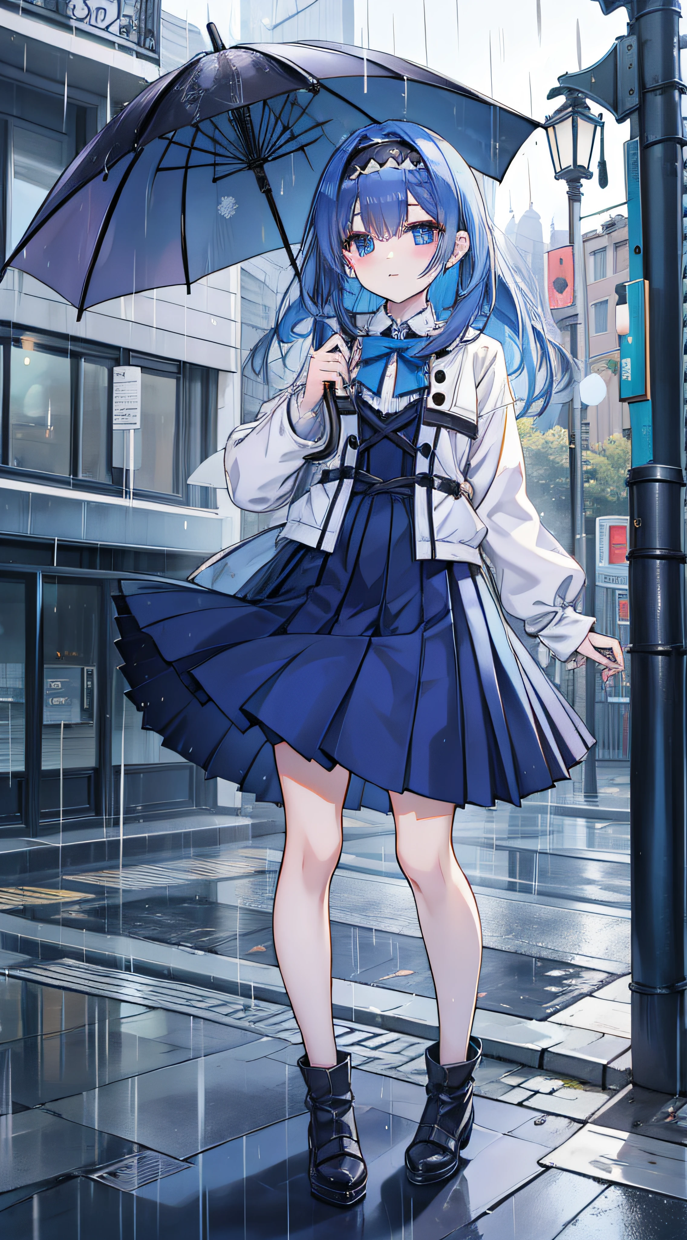 anime girl, alone, blue hair, medium length hair, headband, shaded pleated skirt, park, winter, night, streetlight, gothic dress, rain, umbrella