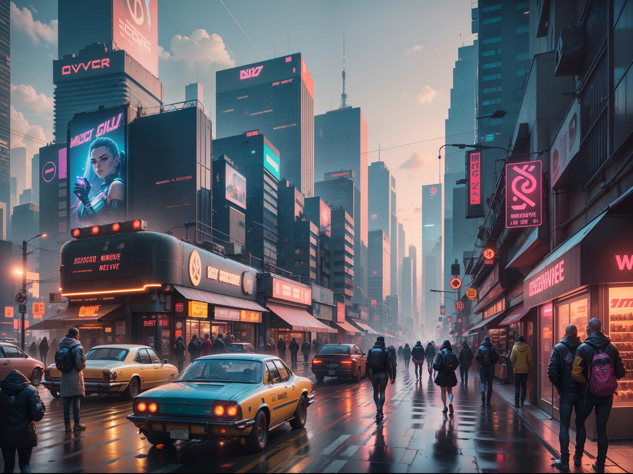 buildings, cyberpunk city , bright, dull, sunset, futuristic, neon, Mega city, giant city, people walking in city, bus, store, facade, neon sign, LCD billboards, flying cars, cyberpunk 2077, cyberwave, synthwave, lens flare, masterpiece, photo realistic, cinematic, intricate detail