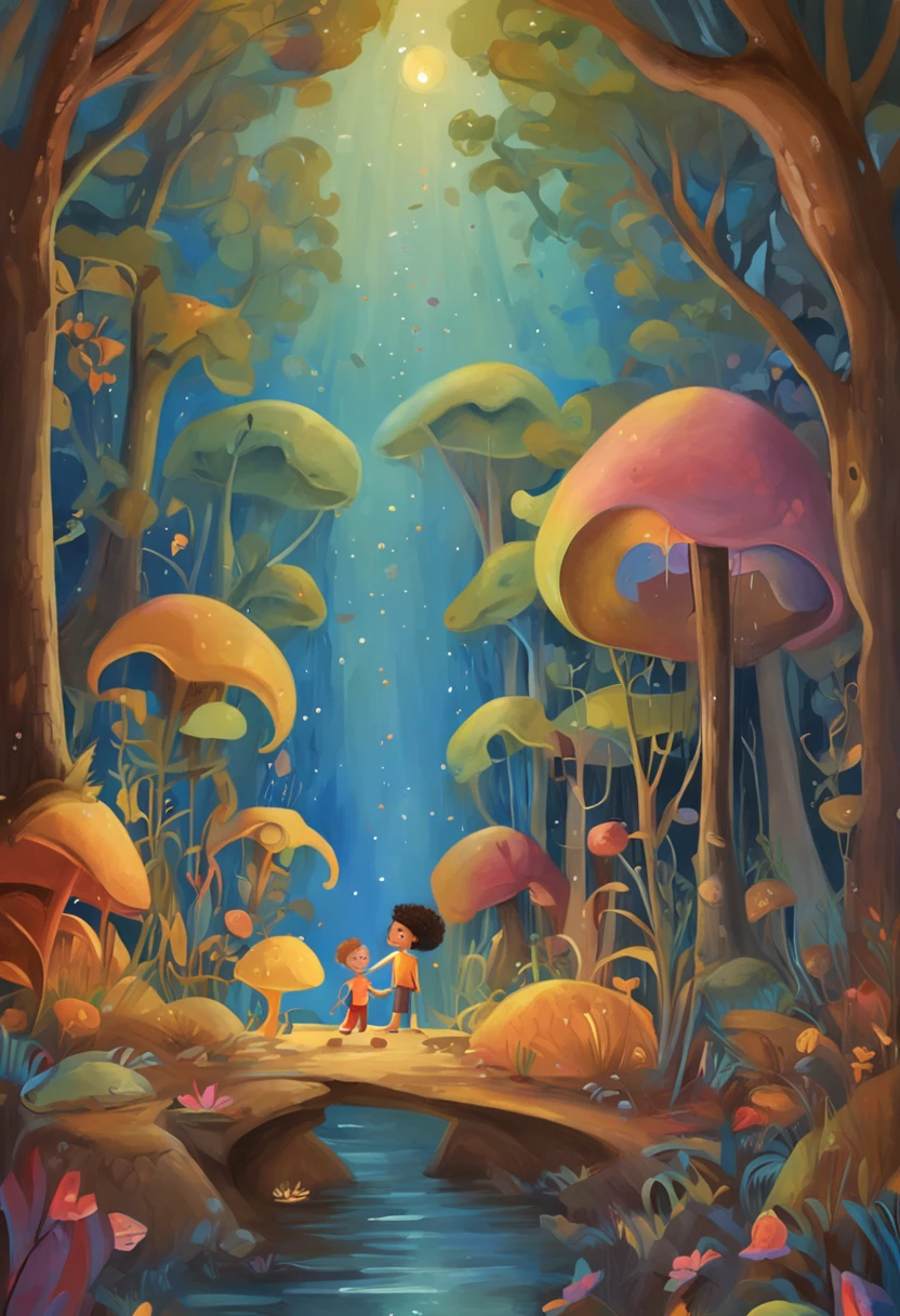 "Crie uma imagem com uma atmosfera encantadora e infantil. Na imagem, inclua dois personagens, um chamado Lucas e o outro chamado Greg, both exploring a night scene full of wonders. Add a starry sky with smiling stars, and put a friendly moon watching the scene with an affectionate look. Ademais, Insert a translucent spirit, Friendly and bright appearance, as a magical guide on the characters' nightly journey. Use a palette of soft and vibrant colors to create a cheerful and magical environment, Perfectly suitable for children. Let your creativity flow and capture the sense of adventure and mystery.