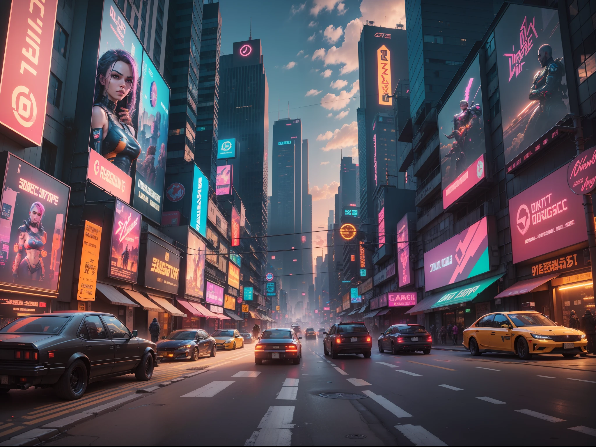 buildings, cyberpunk city , bright, dull, sunset, futuristic, neon, Mega city, giant city, people walking in city, bus, store, facade, neon sign, LCD billboards, flying cars, cyberpunk 2077, cyberwave, synthwave, lens flare, masterpiece, photo realistic, cinematic, intricate detail