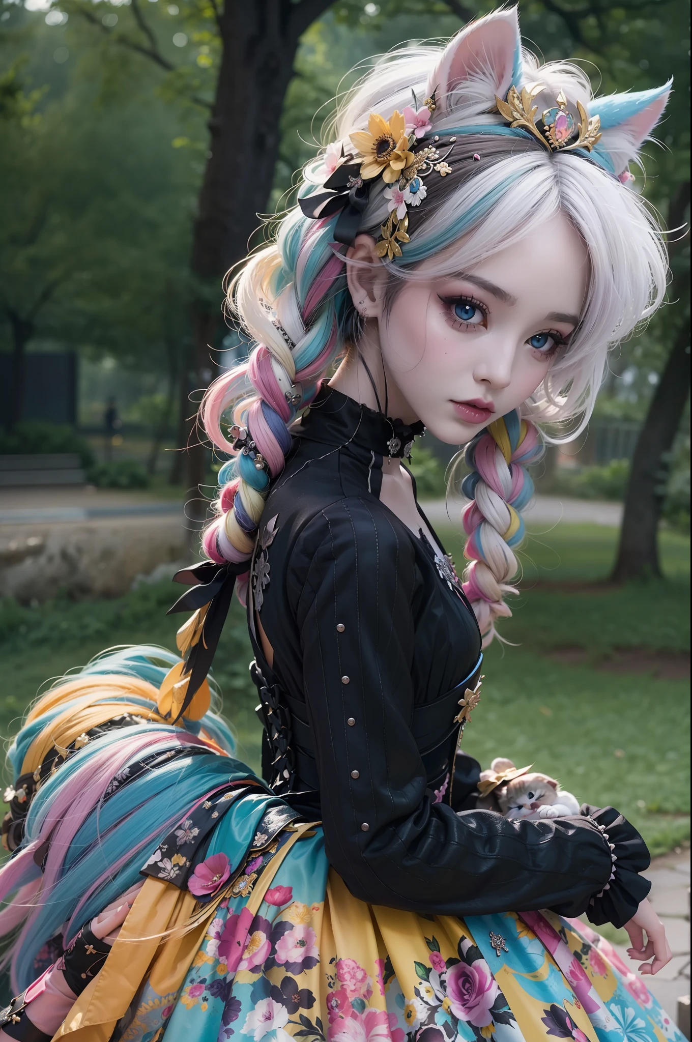 En un hermoso parque una mujer de aspecto moderno. It has a very colorful and striking kawaii gothic style.., con un maquillaje elegante y una peluca colorida. (Strange Cat)