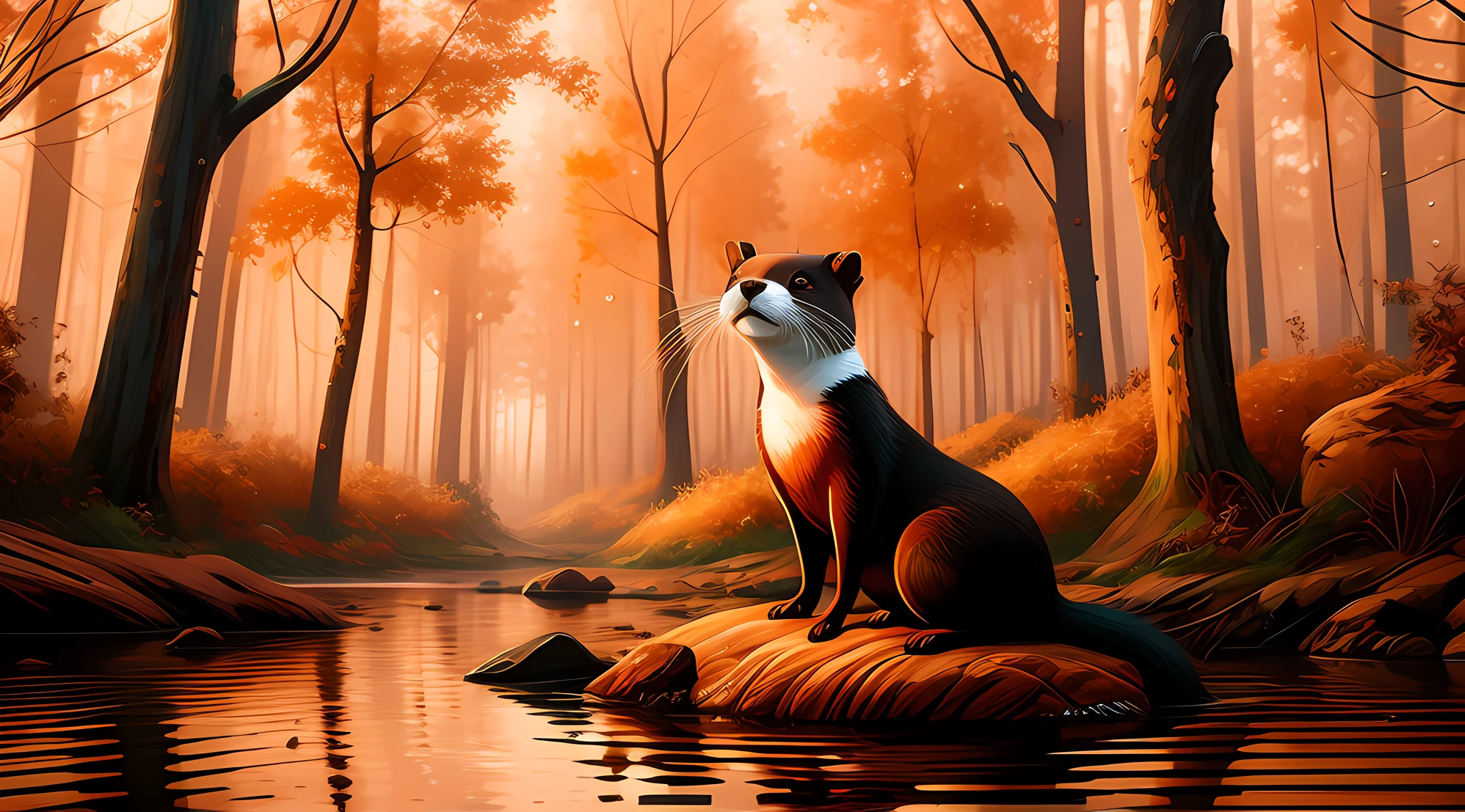 pintura de uma raposa sentada em uma rocha em uma floresta, inspirado em Marten Post, painting digital adorable, anthropomorphic furry otter, river otter dragon, stunning digital illustration, Beautiful digital illustration, fantasia otter amor, pintura digital detalhada, por Marten Post, pintura digital impressionante, pintura digital altamente detalhada, pintura digital bonita, stylized digital illustration