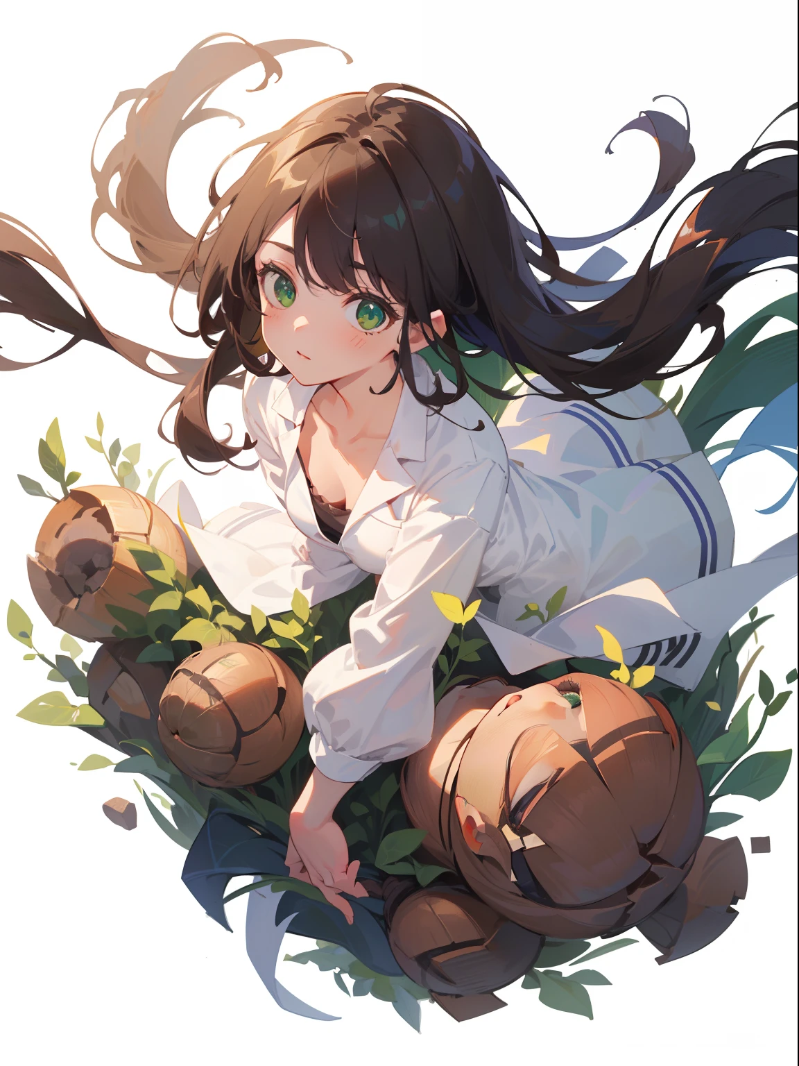 (masterpiece), (best quality), ultra high res, sharp focus, ((1 woman, solo)), full body, character design, beautiful detailed hair, chestnut brown hair, long hair tumbles down, beautiful detailed face, ((beautiful shape eyes, green eyes)), perfect feminine face, (scientist outfit:1.2), (white background:1.5)