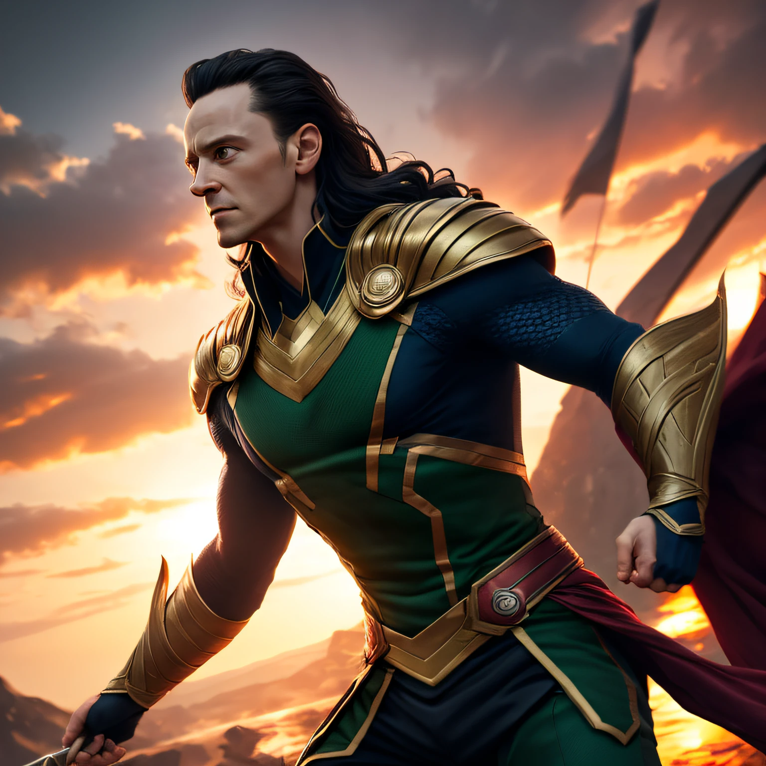 (8k, RAW photo, best quality, masterpiece: 1.2), ultra detailed, official art, photo-realistic: 1.37, upper body shot, loki, film grain, action pose --auto