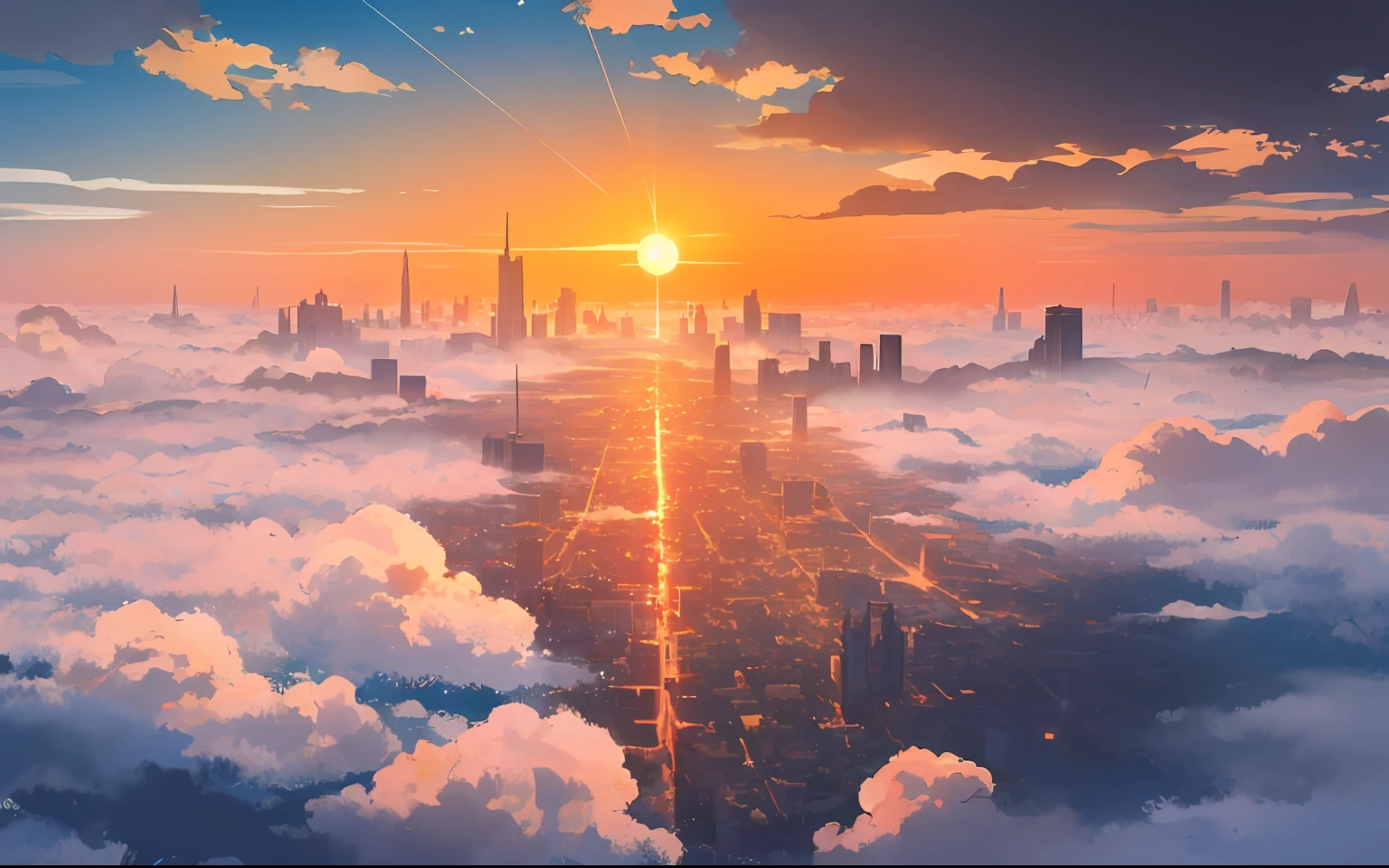 there is a picture of a city in the clouds with a sun in the sky, city in the clouds, a city in the clouds, anime style cityscape, day cityscape, floating city on clouds, city sunset, hd anime cityscape, clouds and corrupted city behind, city in the sky, beautiful cityscape, anime clouds, anime landscape, in style of makoto shinkai