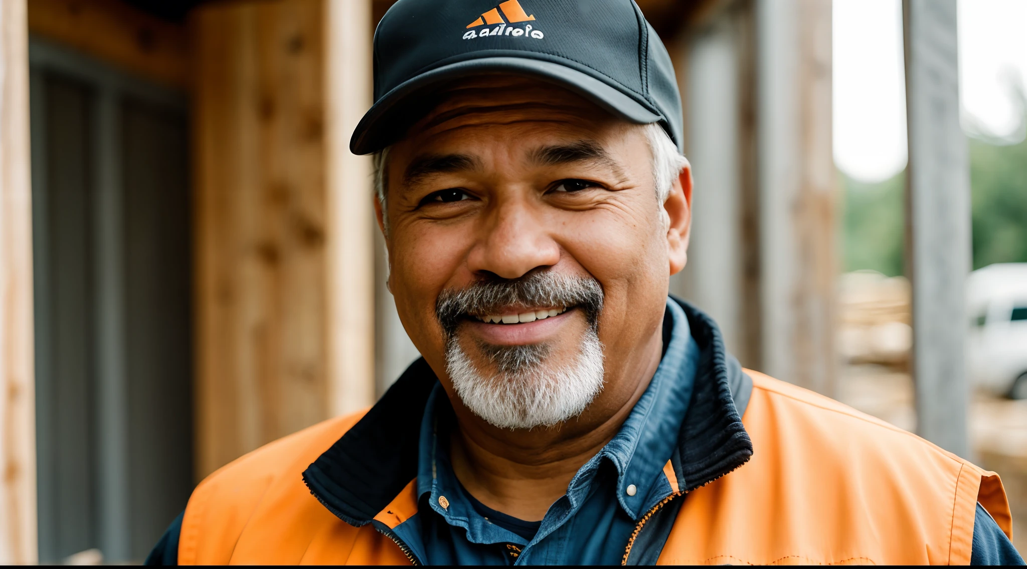 Instagram photo, full body closeup face photo of 58 y.o man embracing him role as a construction worker, beautiful face, him warm smile contrasting with her rugged attire, portraying strength as a construction worker, Sony A6400 with 16-50mm f/3.5-5.6 lens, balanced outdoor light, lifestyle photography. bokeh, motion blur