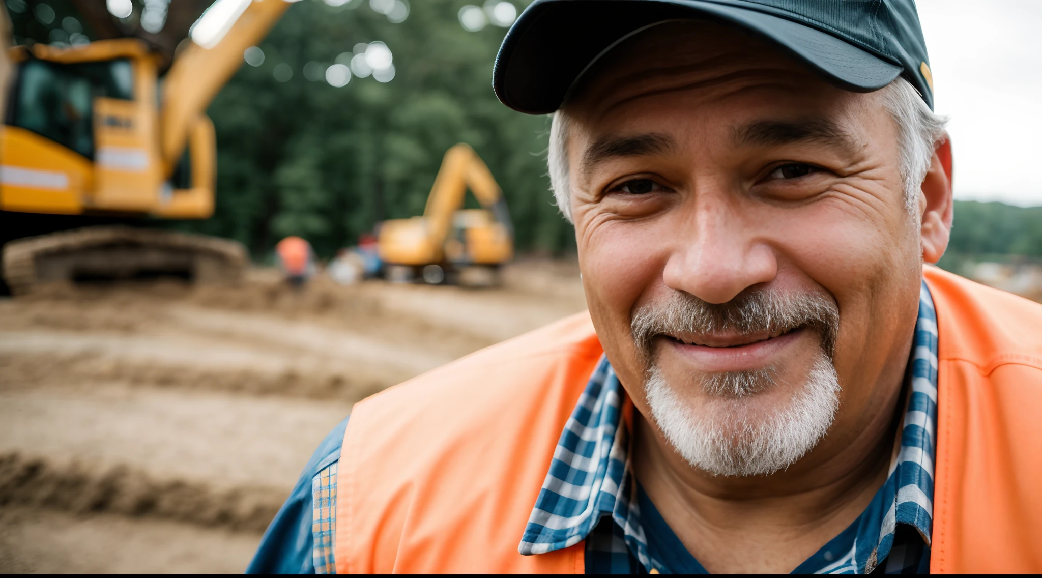 Instagram photo, full body closeup face photo of 58 y.o man embracing him role as a construction worker, beautiful face, him warm smile contrasting with her rugged attire, portraying strength as a construction worker, Sony A6400 with 16-50mm f/3.5-5.6 lens, balanced outdoor light, lifestyle photography. bokeh, motion blur