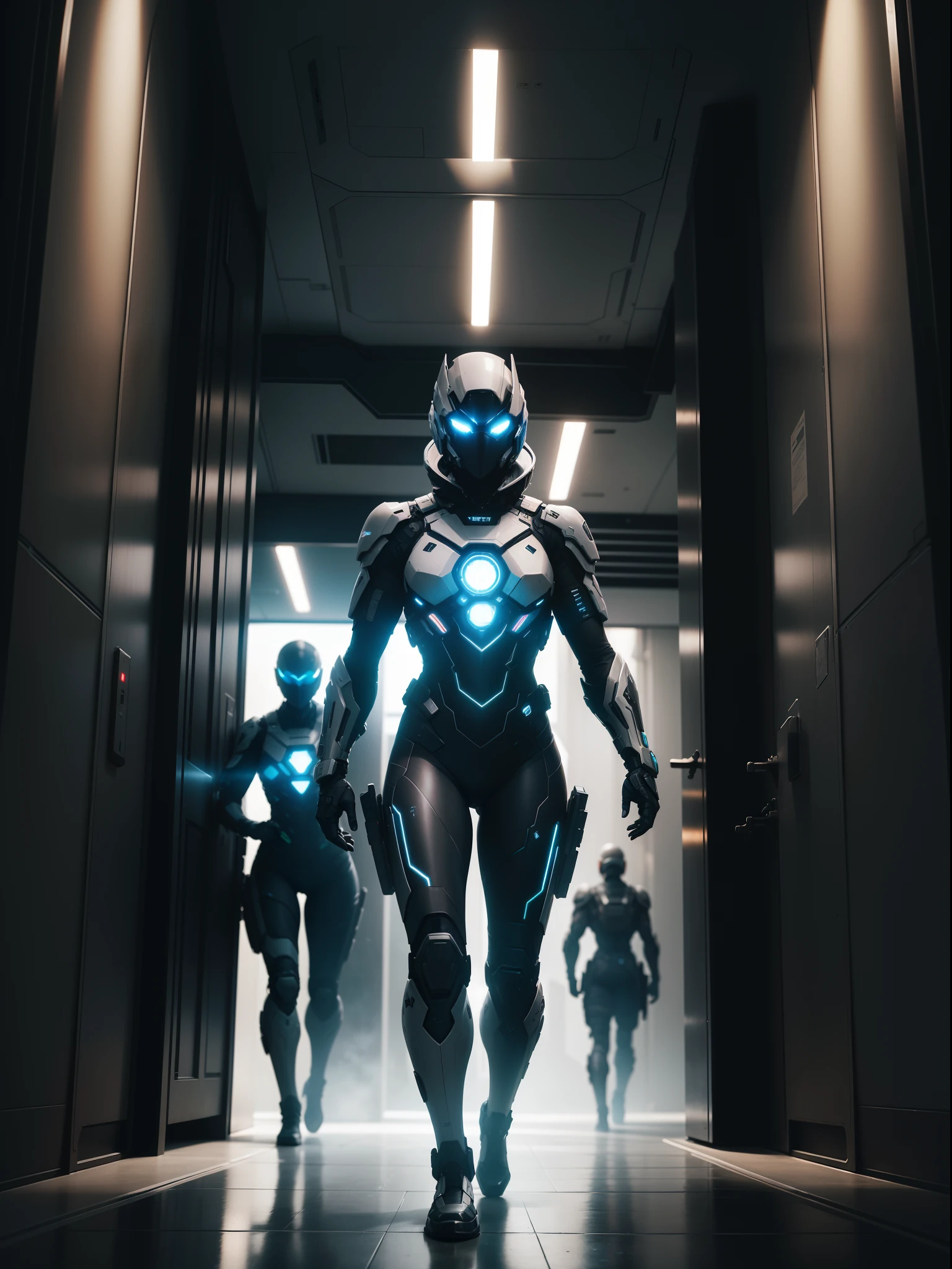 "Task force infiltrating a high-tech facility under the cover of darkness. Stealthy operatives with advanced gadgets and gear. Intense action, strategic maneuvers, and thrilling close calls. Atmospheric lighting, dynamic angles, and crisp visuals capturing the tension and excitement. Futuristic setting with sleek architecture, holographic displays, and advanced security systems. A race against time to complete the mission and extract unnoticed. Showcasing the ultimate skills and teamwork of the task force."