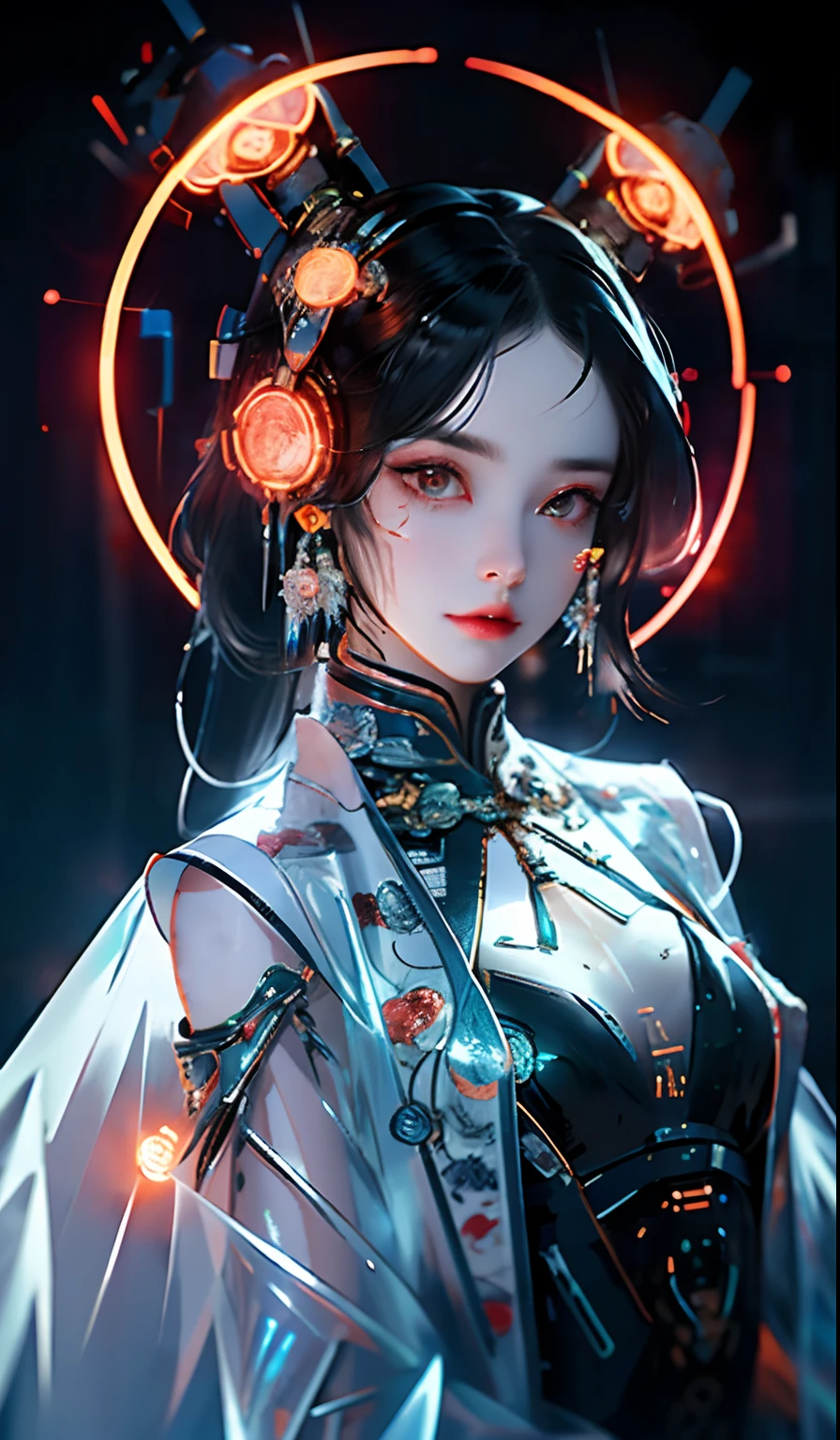 1 girl, Chinese_clothes, liquid silver and orange, cyberhan, cheongsam, cyberpunk city, dynamic pose, detailed luminous headphones, glowing hair accessories, long hair, glowing earrings, glowing necklace, cyberpunk, high-tech city, full of mechanical and futuristic elements, futuristic, technology, glowing neon, orange, orange light, transparent tulle, transparent streamers, laser, digital background urban sky, big moon, with vehicles, best quality, masterpiece, 8K, character edge light, Super high detail, high quality, the most beautiful woman in human beings, micro smile, face facing front and left and right symmetry, ear decoration, beautiful pupils, light effects, visual data, silver white hair, super detail facial texture