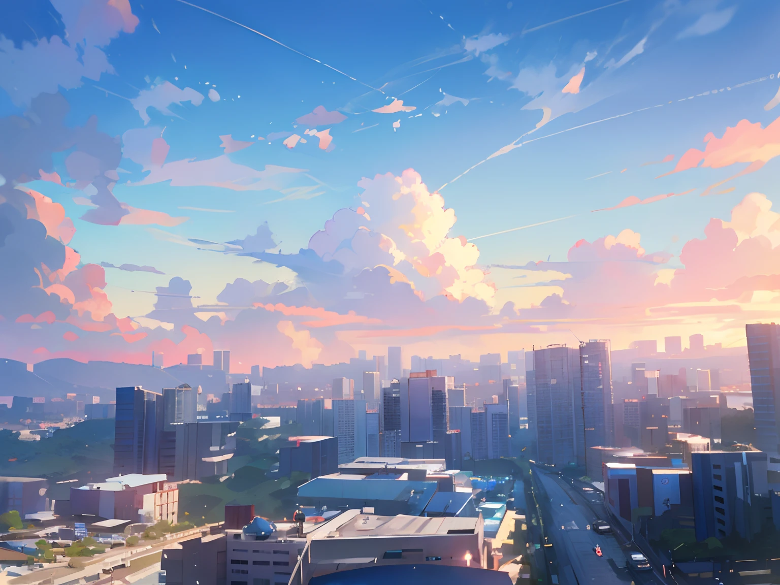 城市,blue-sky,baiyun,Estilo de Makoto Shinkai,8K,最好质量