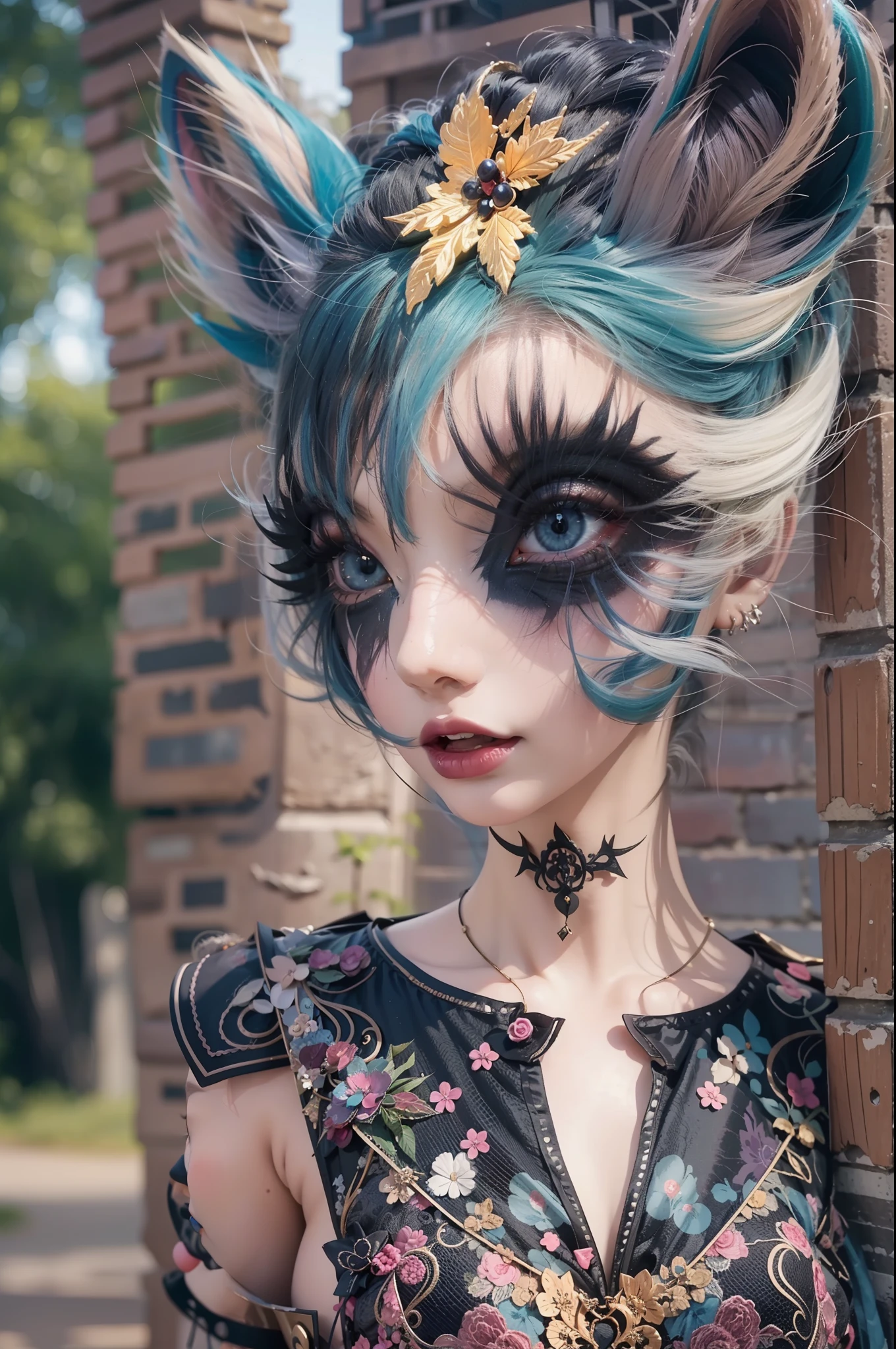 En un hermoso parque una mujer de aspecto moderno. It has a very colorful and striking kawaii gothic style.., con un maquillaje elegante y una peluca colorida. (Strange Cat)