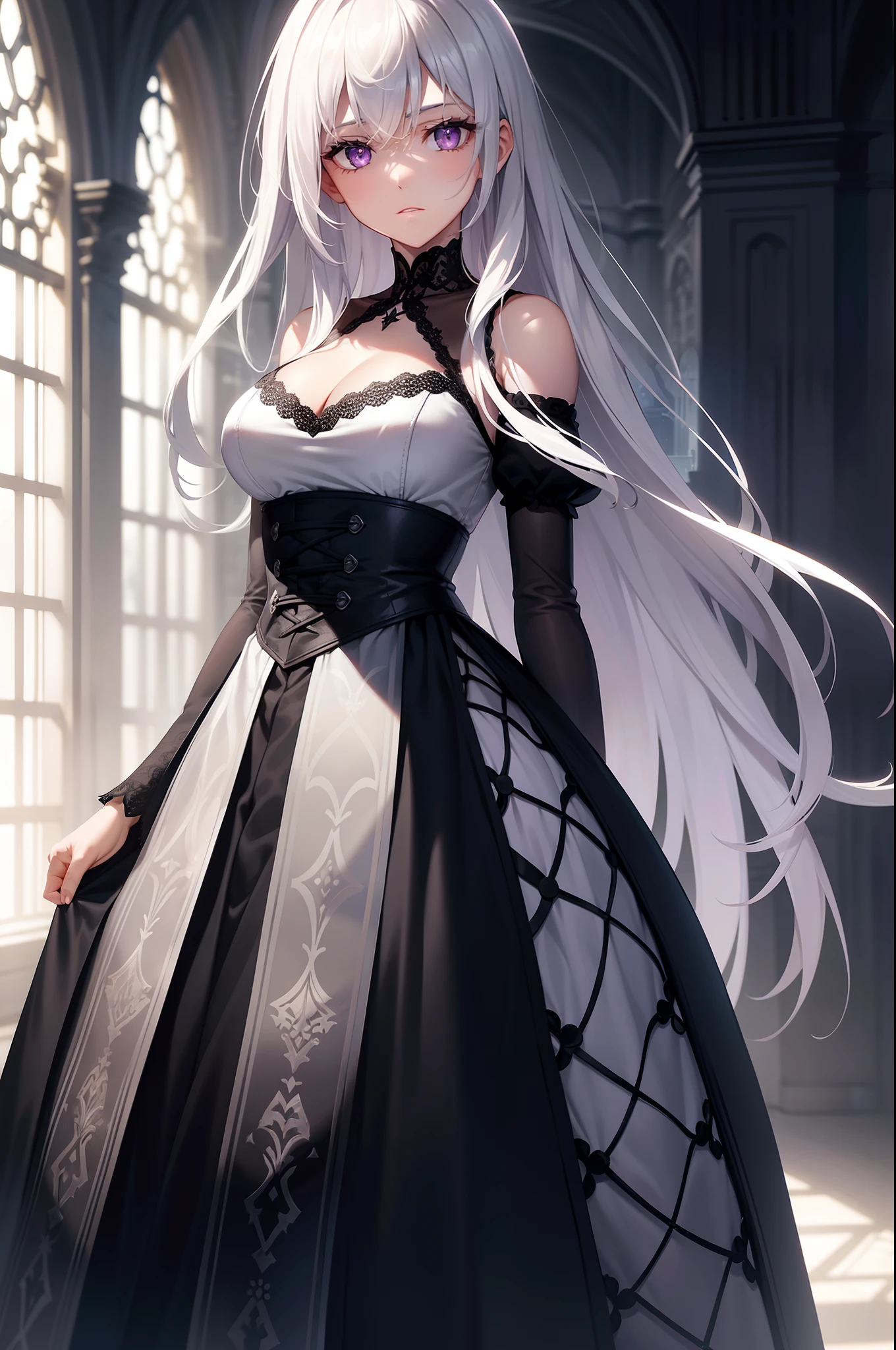 Silvery-white hair,Purple eye,Black dress,Lace,Shoulders exposed,Middle Ages,Castle,Contre-Jour,Cinematic texture,Light and shadow changes,Pull half of your body closer