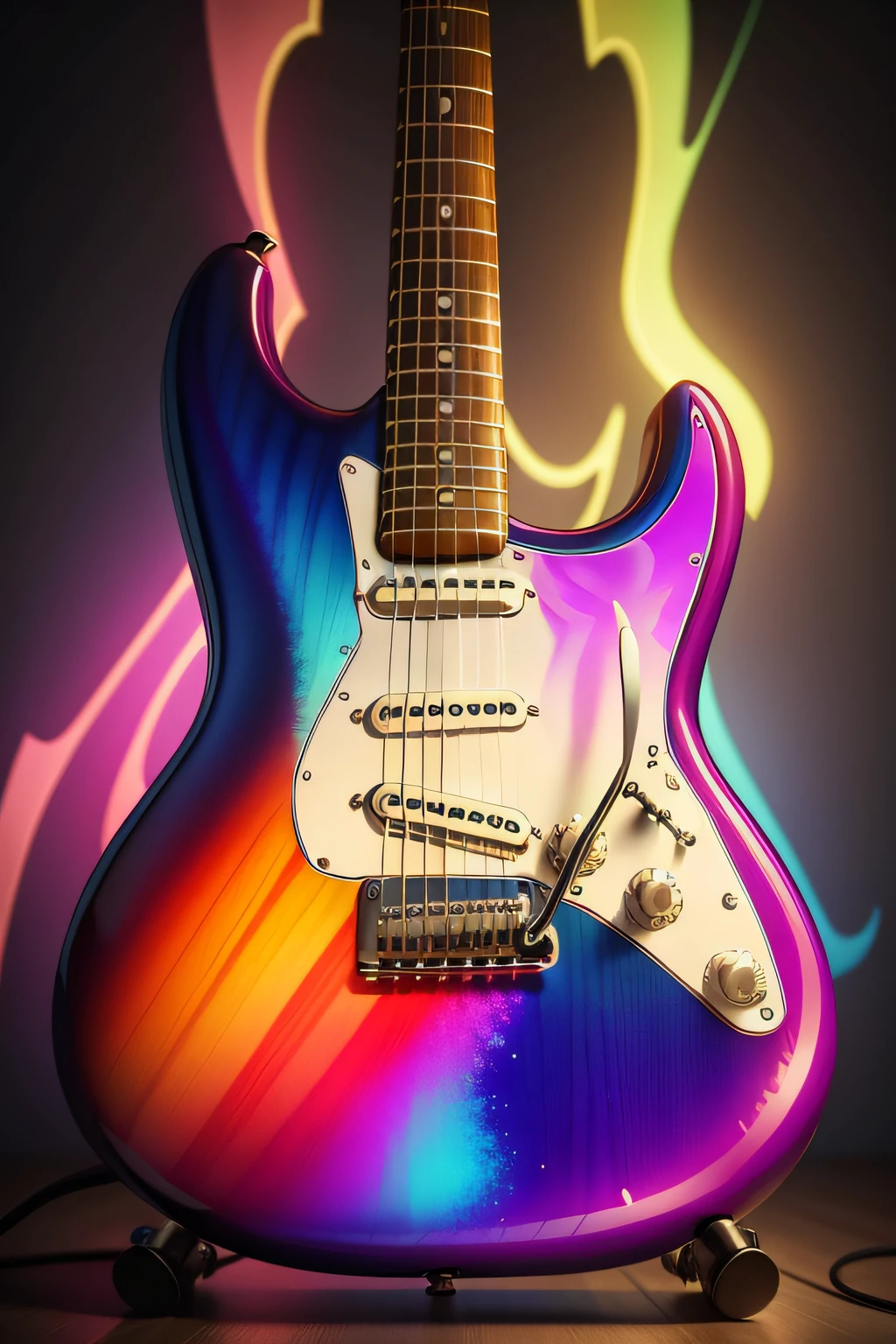 A colorful, psychedelic electric guitar with no person in the picture.