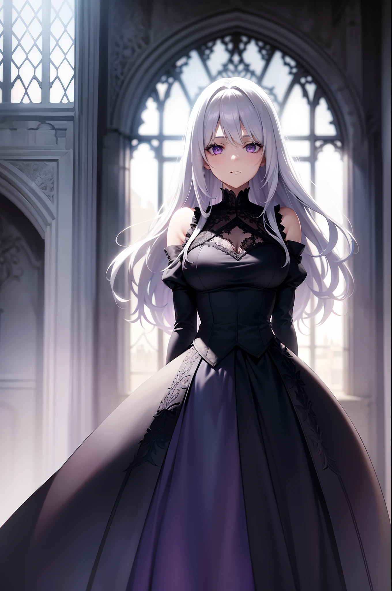 A beautiful anime girl with long hair and purple flowers、A beautiful girl with a glamorous body who lives in the dark graveyard、A beautiful immoral girl in a black and grey dress。