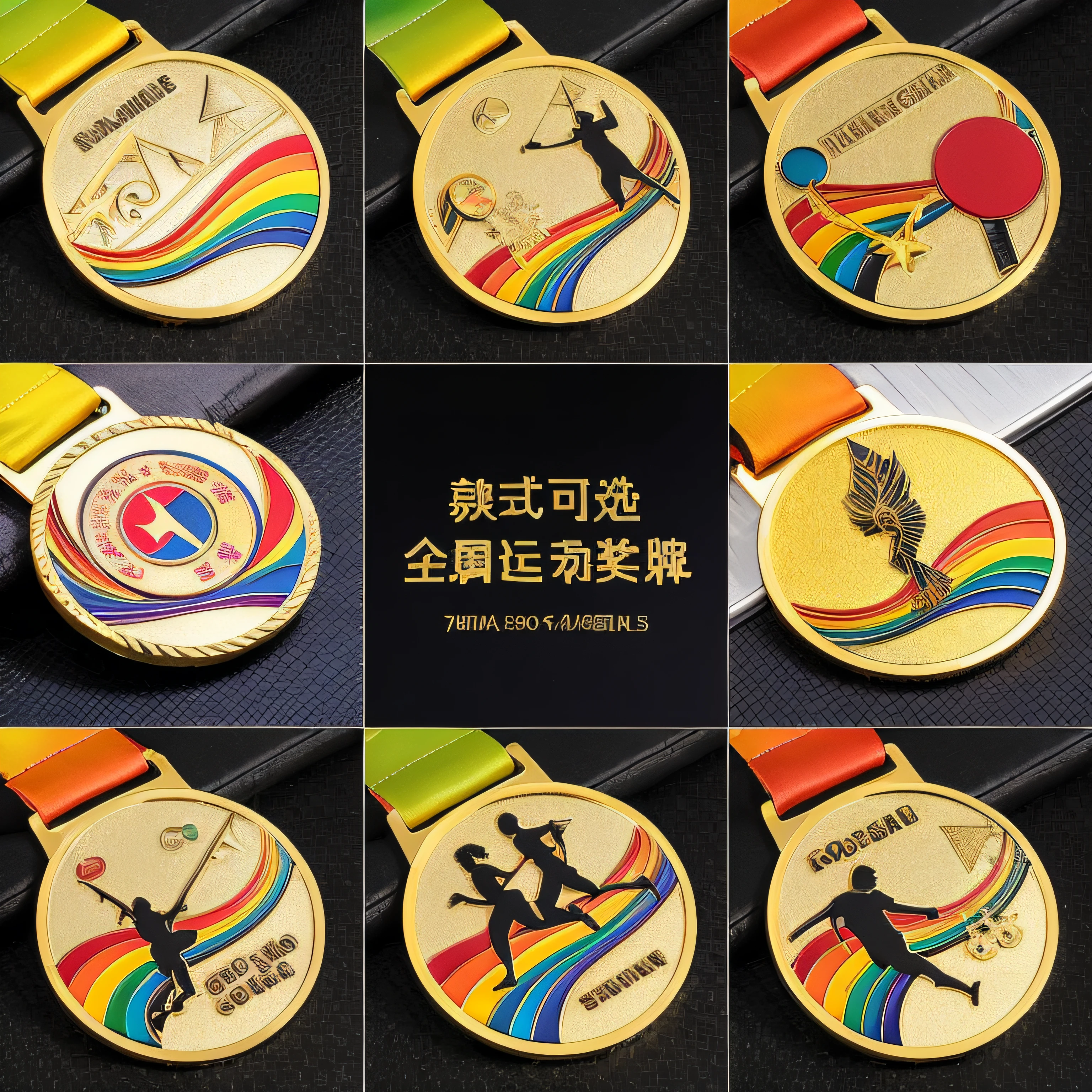 Close-up of a series of medals in different designs, Gold, black and rainbow, golds, medal, 70 mm, 7 0 mm, 70mm, 7 5 mm, 8 0 mm, 80mm, 85 mm, 8 5 mm, 85mm, 1 0 0 mm, 100mm, 9 0 mm