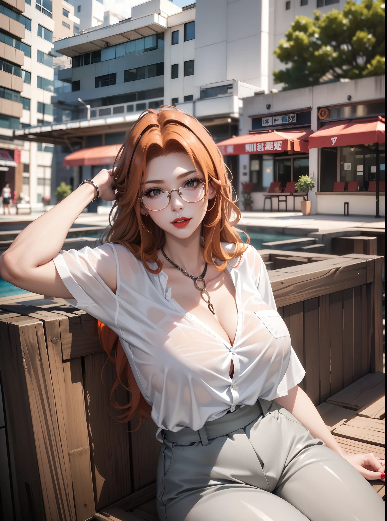 Girl, smile, red lips, long hair, big tits, use glasses, white clothes, gray pants, big nose, Sit down pose, sexy pose, elegan pose, sexy body, beautiful girl, realistic, orange hair colors