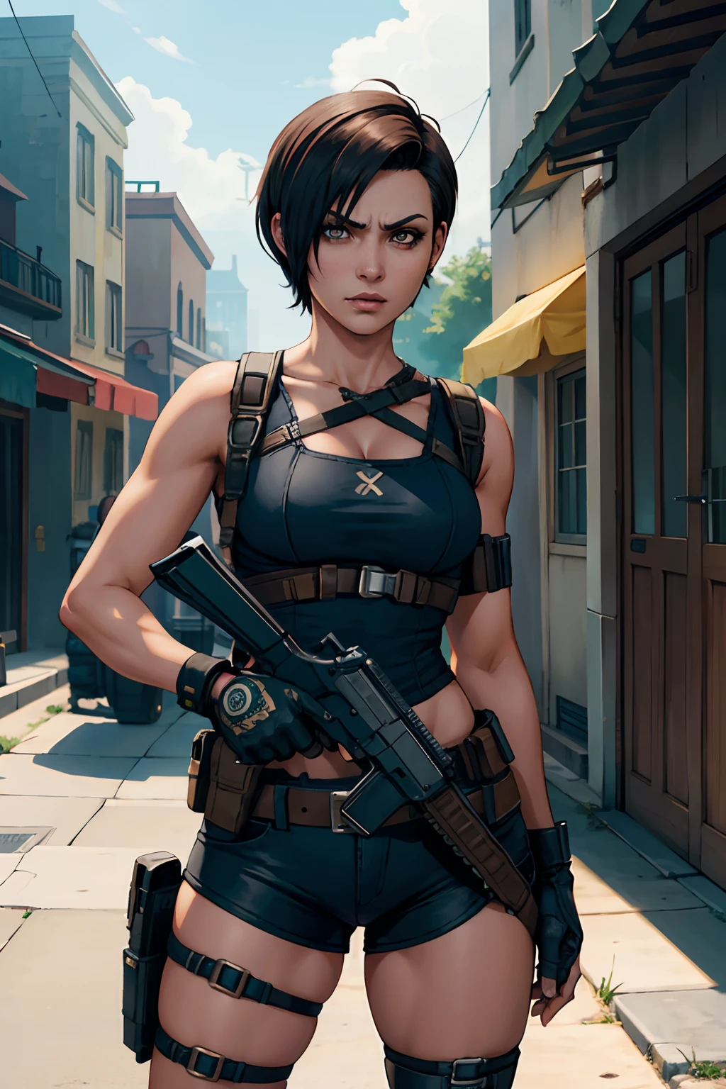Resident evil girl latina skin, very short shaved pixie hair, with holster, black clothes, tactical holster, and holding a gunner, angry