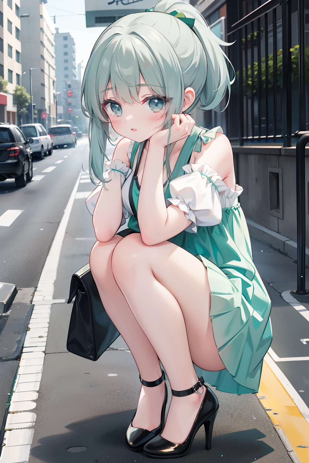 Holding her head in her hands, a girl standing on the street with bare shoulders and puff sleeves, gray high heels, green double ponytail hair