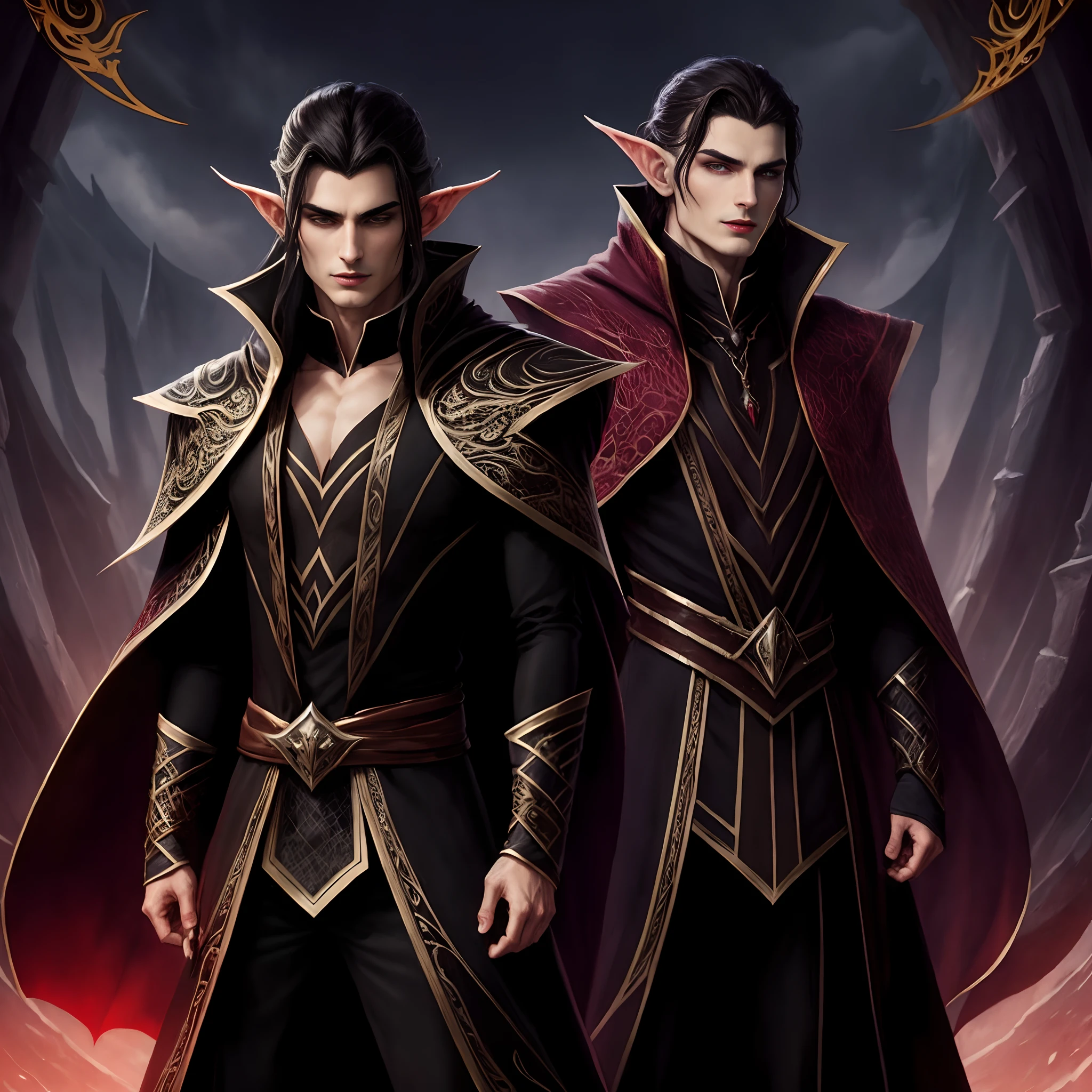 A male personagen dressed in medieval standing clothes, Darius Zawadzki e Tom Bagshaw, Noble and villainous male elf in black robes, Edmund Blair e Charlie Bowater, Petros e Leonid, twins, Donato Giancola e Tom Bagshaw, male vampire of clan banu haqim, Magos, fantasy rpg symmetrical portrait, fantasia vampiros, realista, 4k