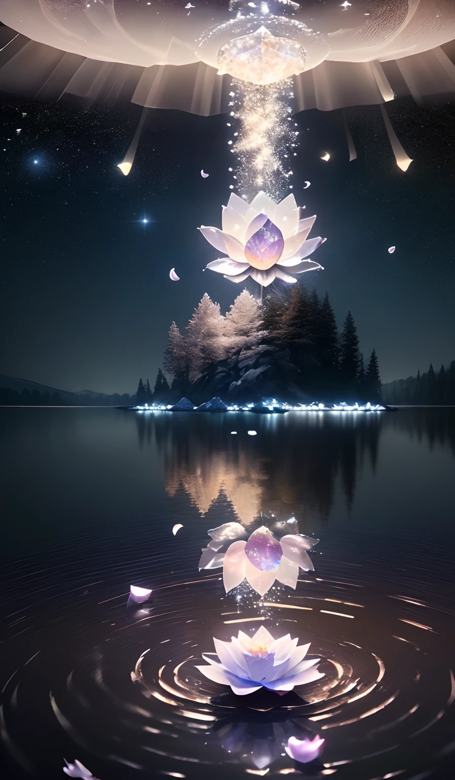 tmasterpiece, beste-Qualit, (Very detailed CG unity 8k wallpaper), (beste-Qualit), (the best illustration), (best shadows), glow sprite, Without people, Lack of people,Night Landscape, Round Lake, surrounded by a forest wall of trees, (A lake shining with moonlight: 1.3), The sky, Full of stars, The moon hovered over the lake, (Shining threads of moonlight descend into the lake: 1.4), (A beautiful flower rises from the center of the lake:1.4 ), (Crystal flower:1.5), (Crystal petals shimmer in the moonlight:1.5), Multi-colored sparks swirl around the flower, Fantasy, Intricate, elegant, Highly detailed, Digital Painting, Artstation, Concept art, Matte, Clear Focus, illustartion. Very High Definition, Masterpiece, Amazing, Trendy ArtStation, 8K, UHd, high detail, Very high detail, Masterpiece, (particle fx) etc. D.3d , Octane ренDеринг, ray traced, superdetail