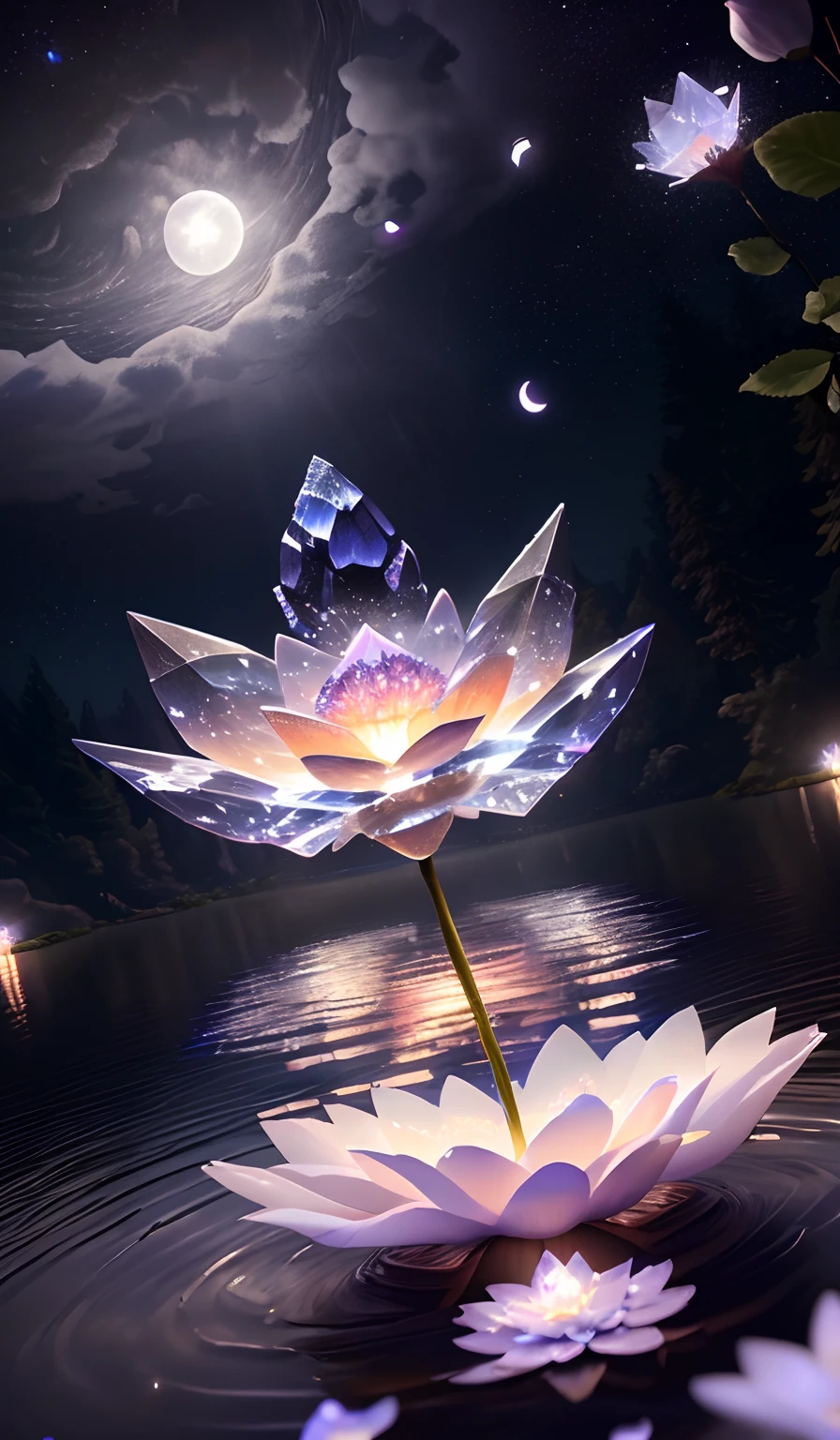tmasterpiece, beste-Qualit, (Very detailed CG unity 8k wallpaper), (beste-Qualit), (the best illustration), (best shadows), glow sprite, Without people, Lack of people,Night Landscape, Round Lake, surrounded by a forest wall of trees, (A lake shining with moonlight: 1.3), The sky, Full of stars, The moon hovered over the lake, (Shining threads of moonlight descend into the lake: 1.4), (A beautiful flower rises from the center of the lake:1.4 ), (Crystal flower:1.5), (Crystal petals shimmer in the moonlight:1.5), Multi-colored sparks swirl around the flower, Fantasy, Intricate, elegant, Highly detailed, Digital Painting, Artstation, Concept art, Matte, Clear Focus, illustartion. Very High Definition, Masterpiece, Amazing, Trendy ArtStation, 8K, UHd, high detail, Very high detail, Masterpiece, (particle fx) etc. D.3d , Octane ренDеринг, ray traced, superdetail