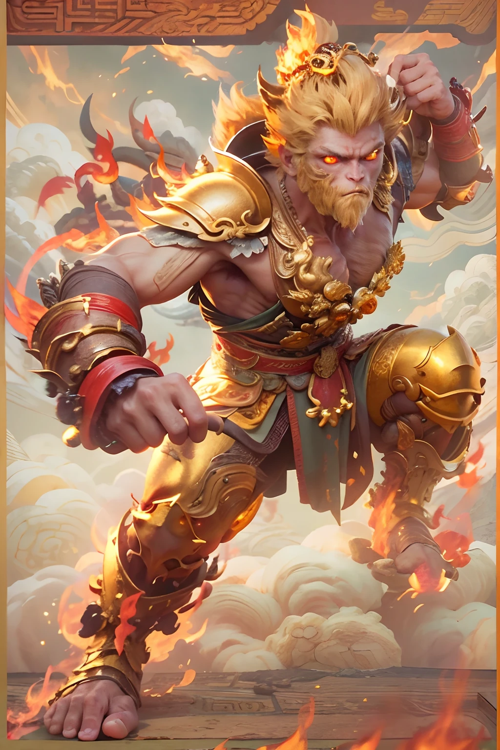 1个Monkey King，Monkey King holds Golden Cudgel，((Fire-eyed golden eyes:1.5))，((Complete Golden Cudgel)),Put on the Flame Armor，Fighting posture，Red ribbon，Clouds of flame under your feet,tmasterpiece，((The background is the Forbidden City, an ancient city in the East))，Cloud fog，8K，high definition resolution，Detailed detail drawing，very photoreal，