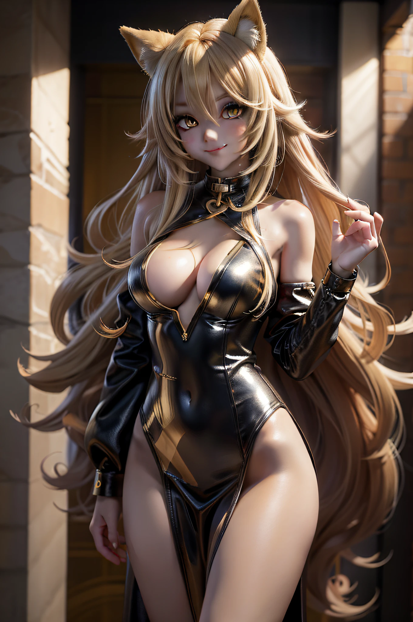 anime, Woman, solo, long hair, smile, under breasts, gold blonde  hair,  hair straight messy, frizzy hair,  yellow gold colored eyes, full-body,  horse ears, punkrock outfit,