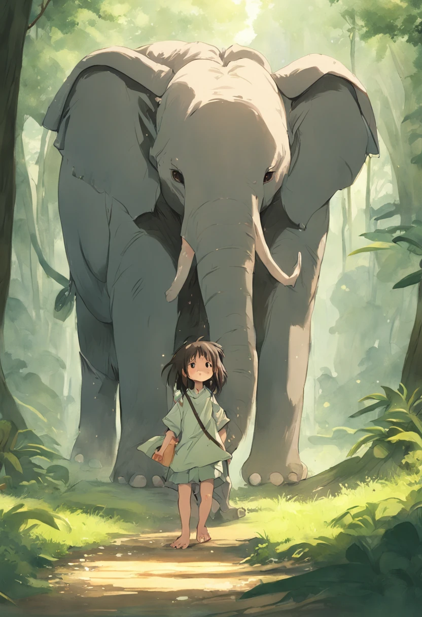 Elefante usando sua trompa, andando na floresta, menina de 5 anos,cabelo longo, olhos brilhantes, utilizando roupas camponesa, alegre, Pintura SNES