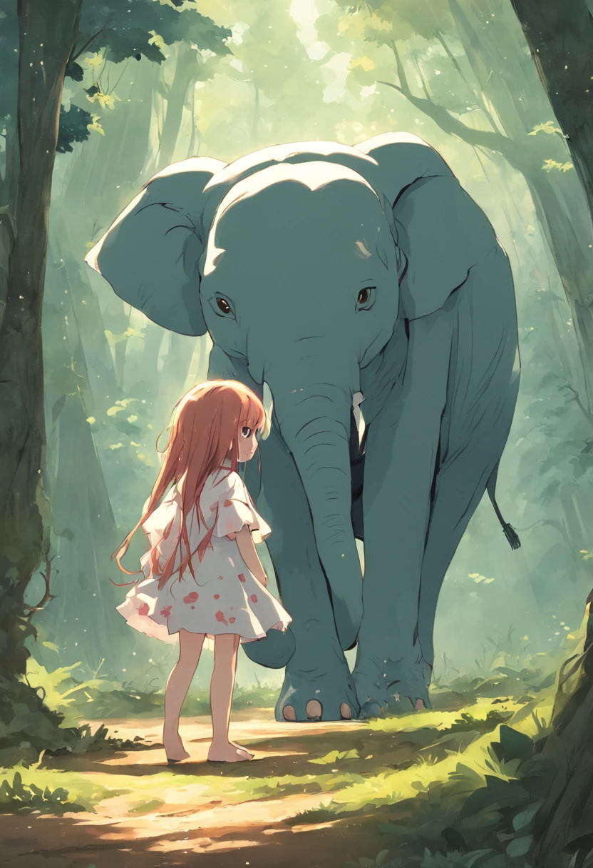 Elefante usando sua trompa, andando na floresta, menina de 5 anos,cabelo longo, olhos brilhantes, utilizando roupas camponesa, alegre, Pintura SNES