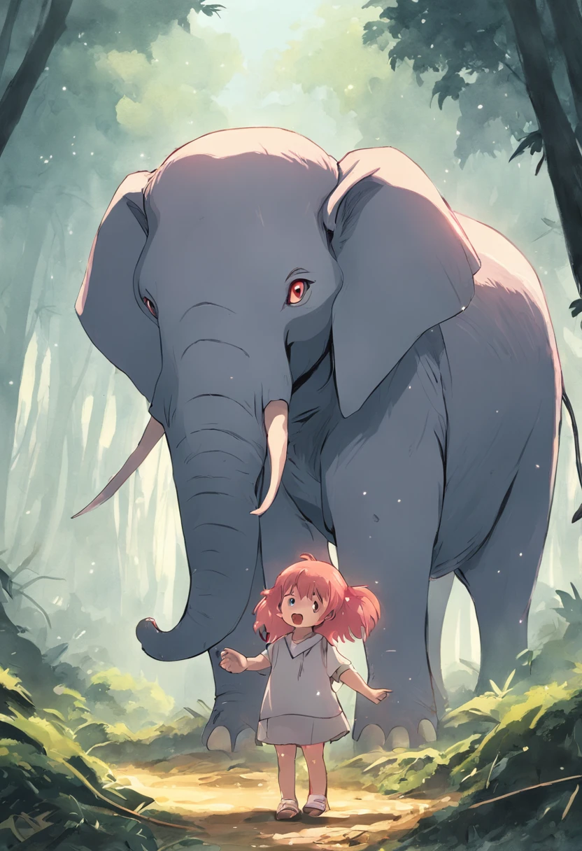 Elefante usando sua trompa, andando na floresta, de 5 anos,cabelo longo, olhos brilhantes, utilizando roupas camponesa, alegre, Pintura SNES