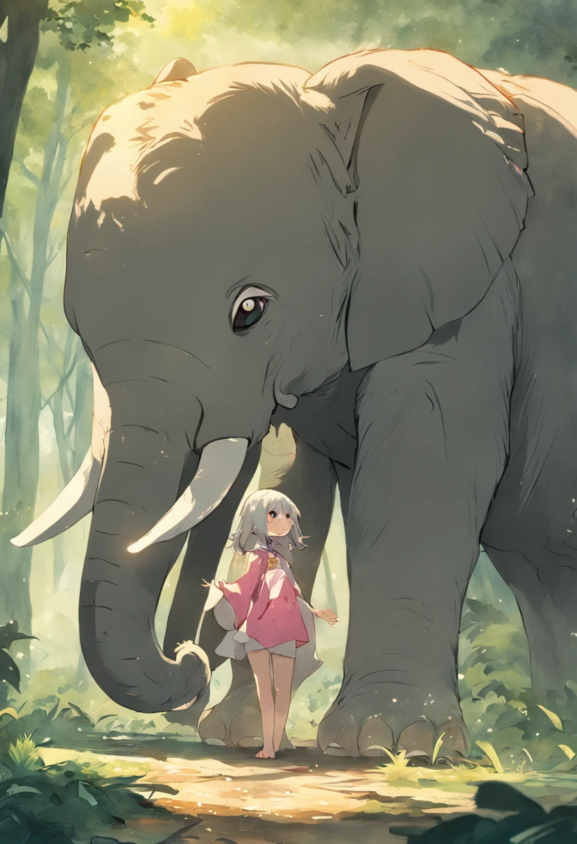 Elefante usando sua trompa, andando na floresta, menina de 5 anos,cabelo longo, olhos brilhantes, utilizando roupas camponesa, alegre, Pintura SNES