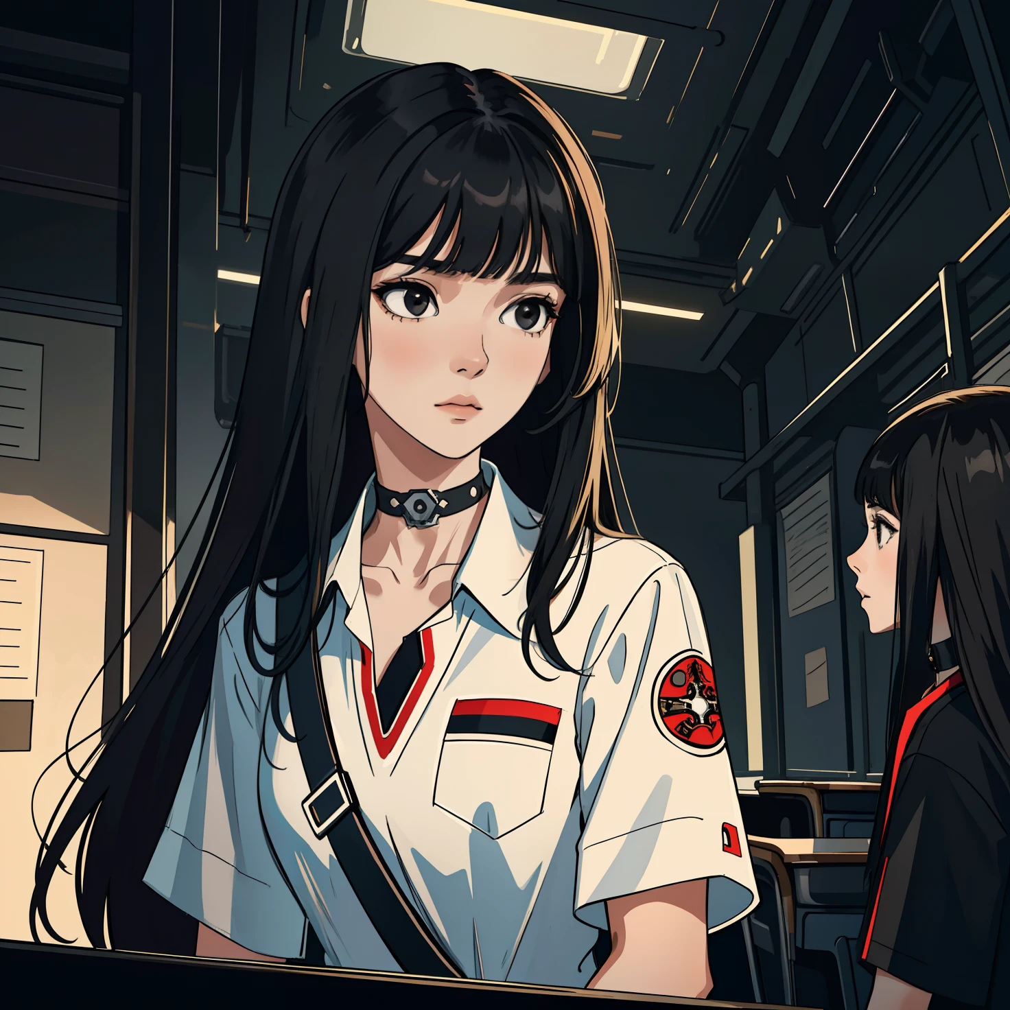 (master piece, best quality), intricate details, 8k, season art, wallpaper, Official Art, splash art, sharp focus,
1 girl, pale skin, long black hair with straight bangs, black eyes, neutral expression looking at the camera, with a choker around her neck and a red student shirt, Futuristic classroom in the background, futuristic classroom print, deep look