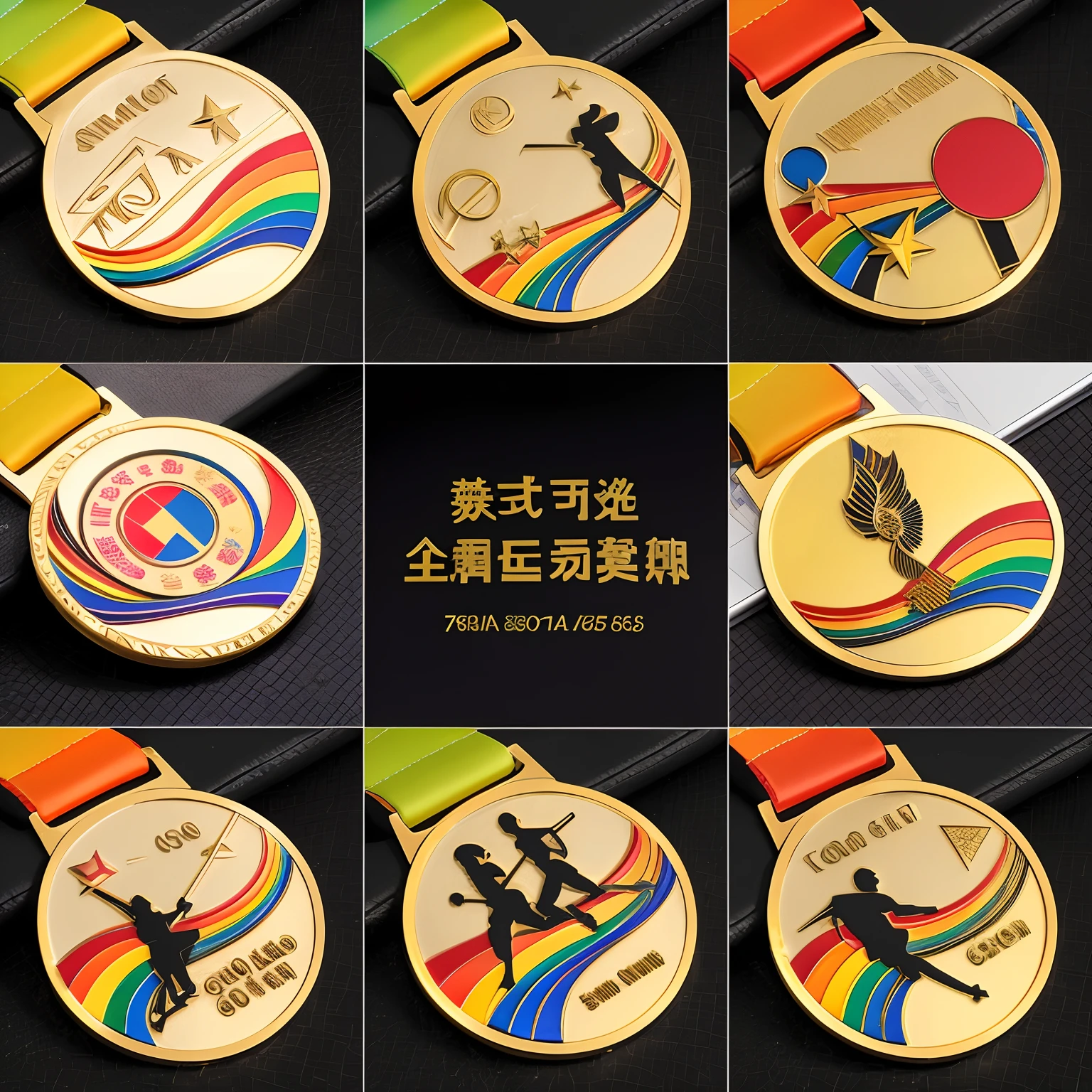 Close-up of a series of medals in different designs, gold, Black and rainbow, golds, medal, 70 mm, 7 0 mm, 70mm, 7 5 mm, 8 0 mm, 80mm, 85 mm, 8 5 mm, 85mm, 1 0 0 mm, 100mm, 9 0 mm