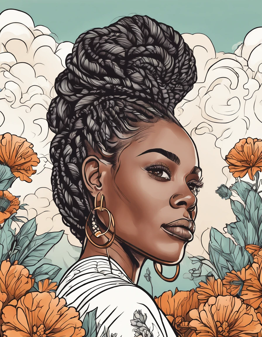 beautiful black woman, detailed cornrows hairstyle looking at camera, (field of flowers), ((closeup)), portrait, clouds, line art, coloring book, cartoon style, pure white background