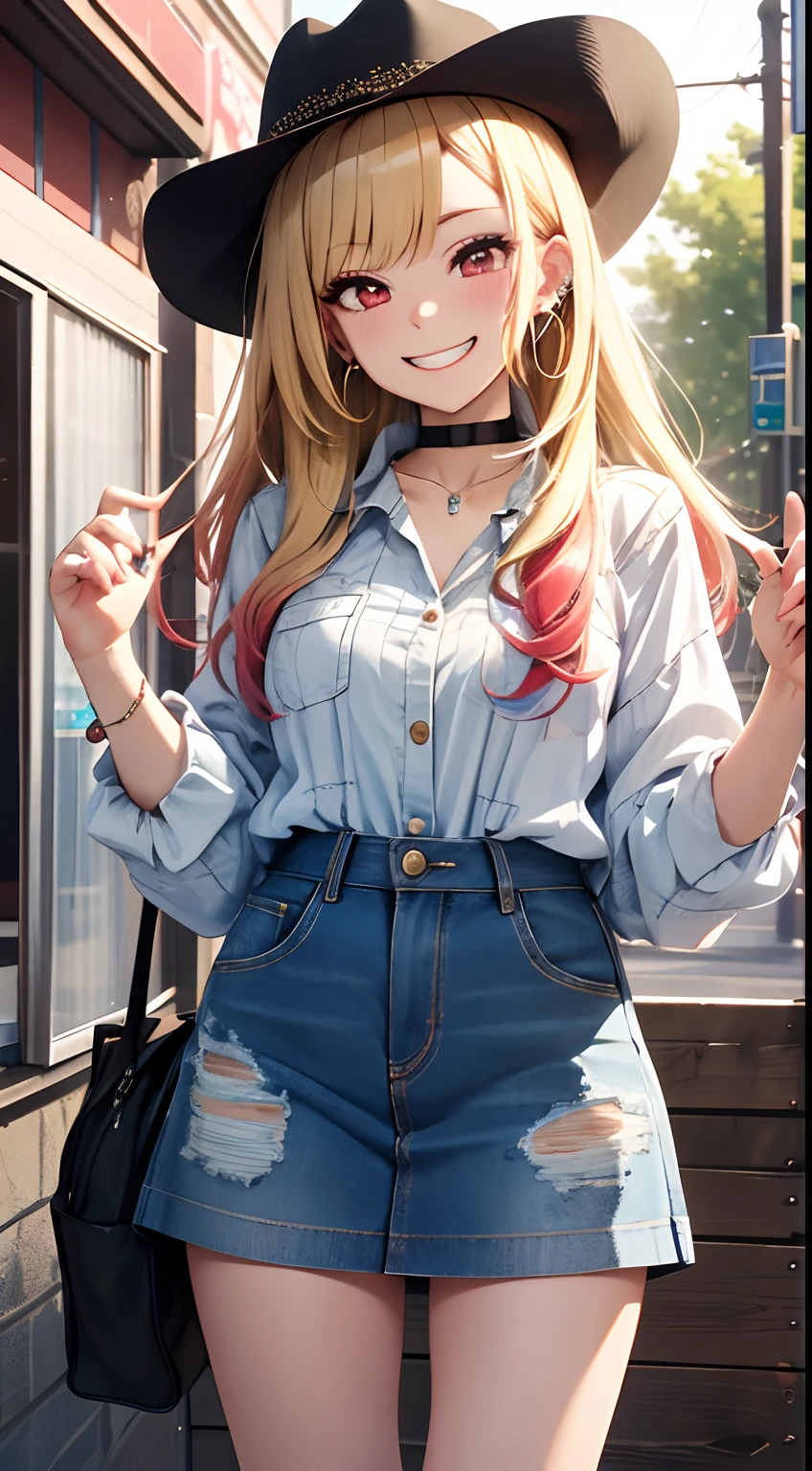 masterpiece, best quality, highres, kitagawa marin, 1girl, blonde hair, long hair, multicolored hair, red eyes, jewelry, earrings, piercing, Top,jeanes, black choker, plaid skirt, grin, smile, standing, cowboy shot, outdoors,