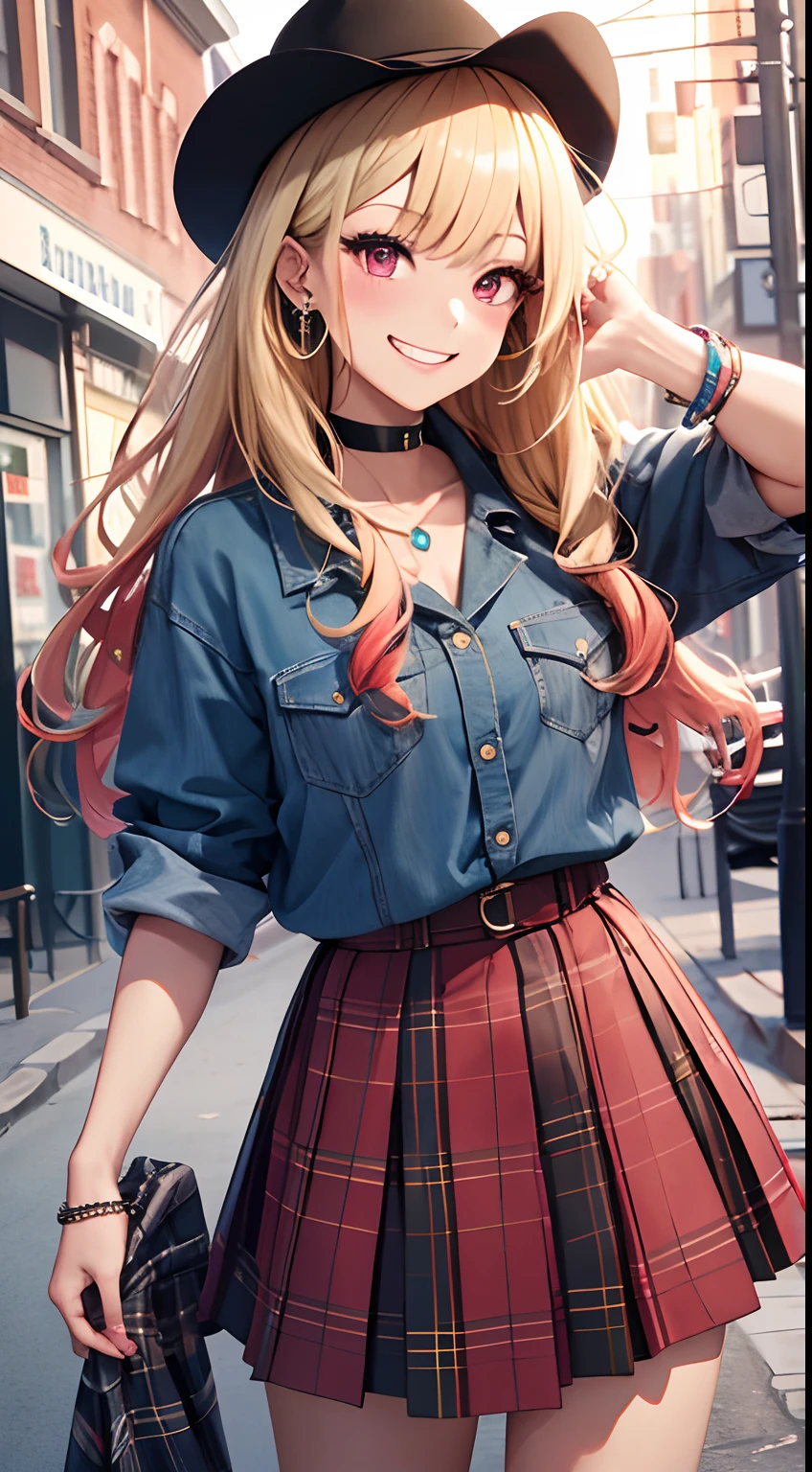 masterpiece, best quality, highres, kitagawa marin, 1girl, blonde hair, long hair, multicolored hair, red eyes, jewelry, earrings, piercing, Top,jeanes, black choker, plaid skirt, grin, smile, standing, cowboy shot, outdoors,
