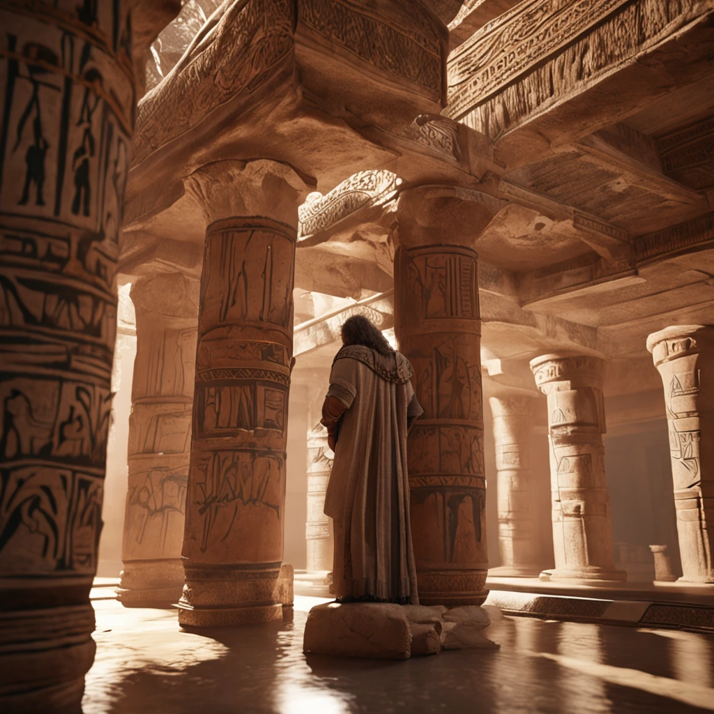 A photorealistic view of Moses' confrontation with Pharaoh, depicted in high-quality photographic detail. with 8K resolution, Every aspect of the scene is recreated with stunning photorealism. Utilizando o poder do Unreal Engine, The composition is carefully crafted to capture the essence of the moment. macio, The cinematic lighting highlights the characteristics of the scene. detalhes intrincados, como detalhes da ferramenta, are rendered impressively. Reflections traced by rays and realistic shadows increase the authenticity of the scene. The color palette is elegantly adjusted, criando uma atmosfera envolvente. The result is a hyper-realistic representation, that gives life, imerso em detalhes e profundidade.