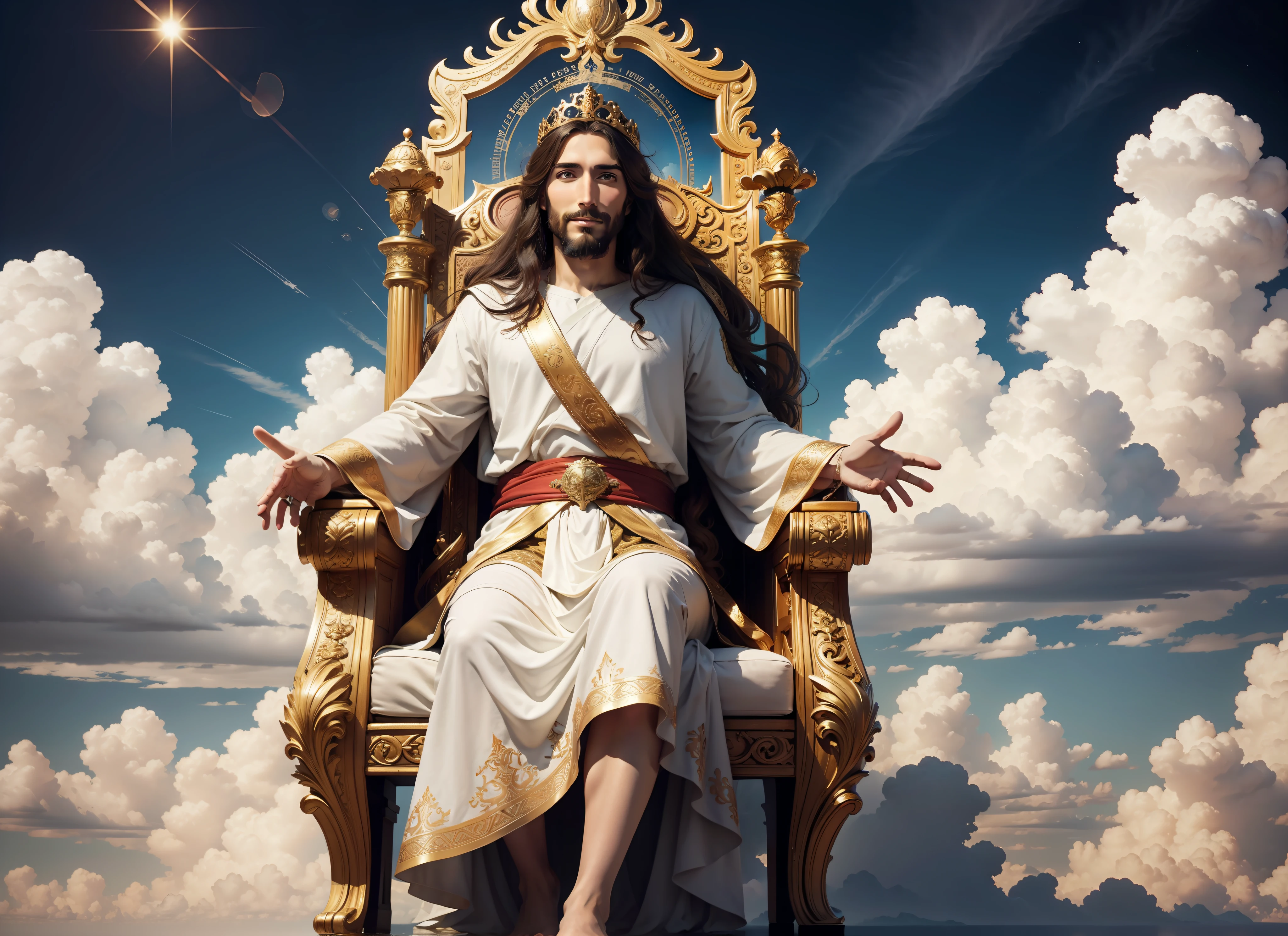 JOYFUL JESUS SEATED ON THE ORNATE THRONE, IN THE CLOUDS, FULL BODY